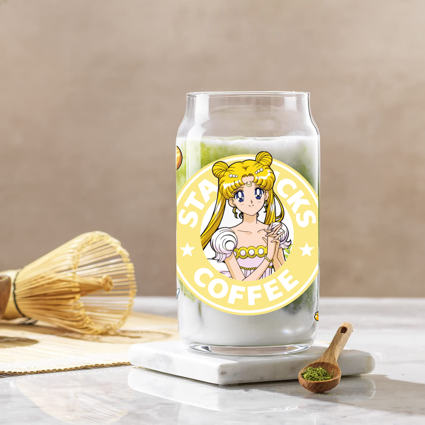 Sailor Moon Yellow Starbucks Anime 16oz Beer Can Glass with Straw and Lid