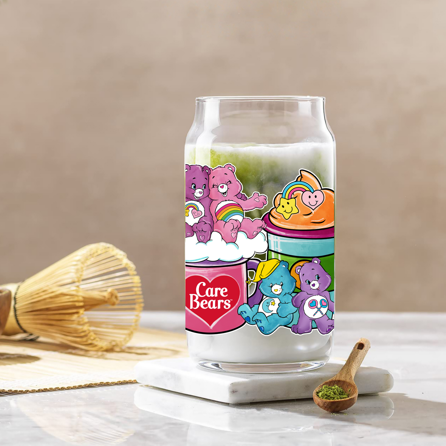 Care Bear Rainbow Coffee cup Anime 16oz Beer Can Glass with Straw and Lid