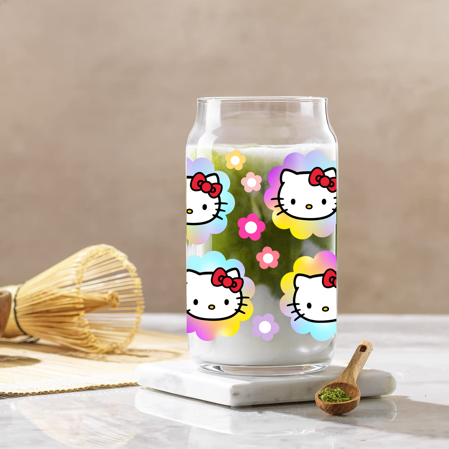 Hello Kitty Rainbow Flowers Anime 16oz Beer Can Glass with Straw and Lid