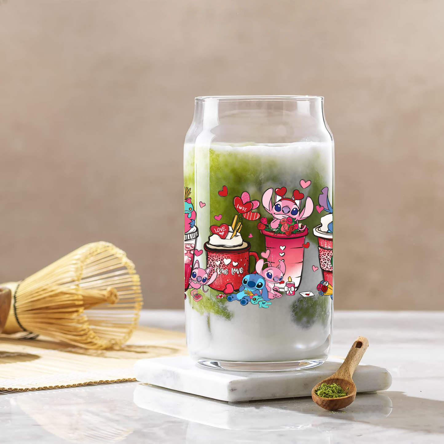 Disney Stitch Love Coffee Cup Anime 16oz Beer Can Glass with Straw and Lid