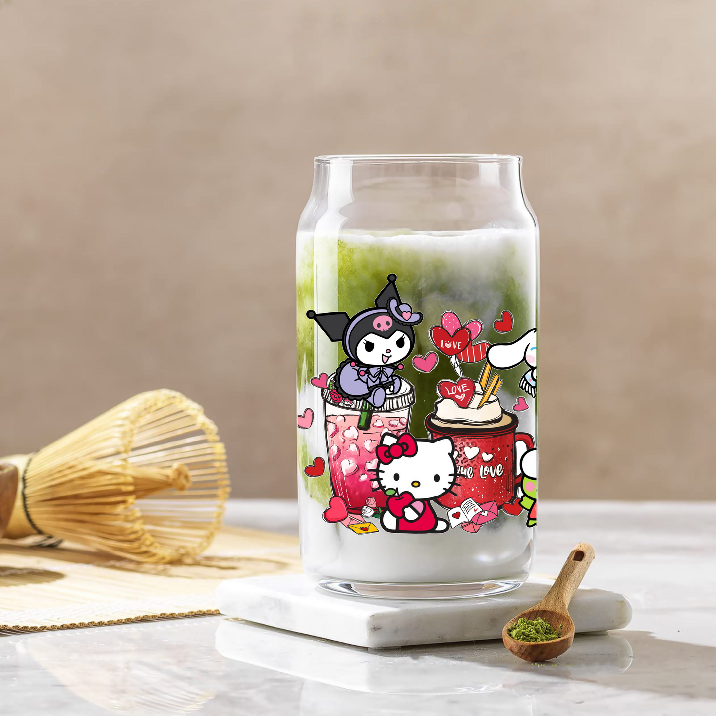 Sanrio Love coffee cup Anime 16oz Beer Can Glass with Straw and Lid