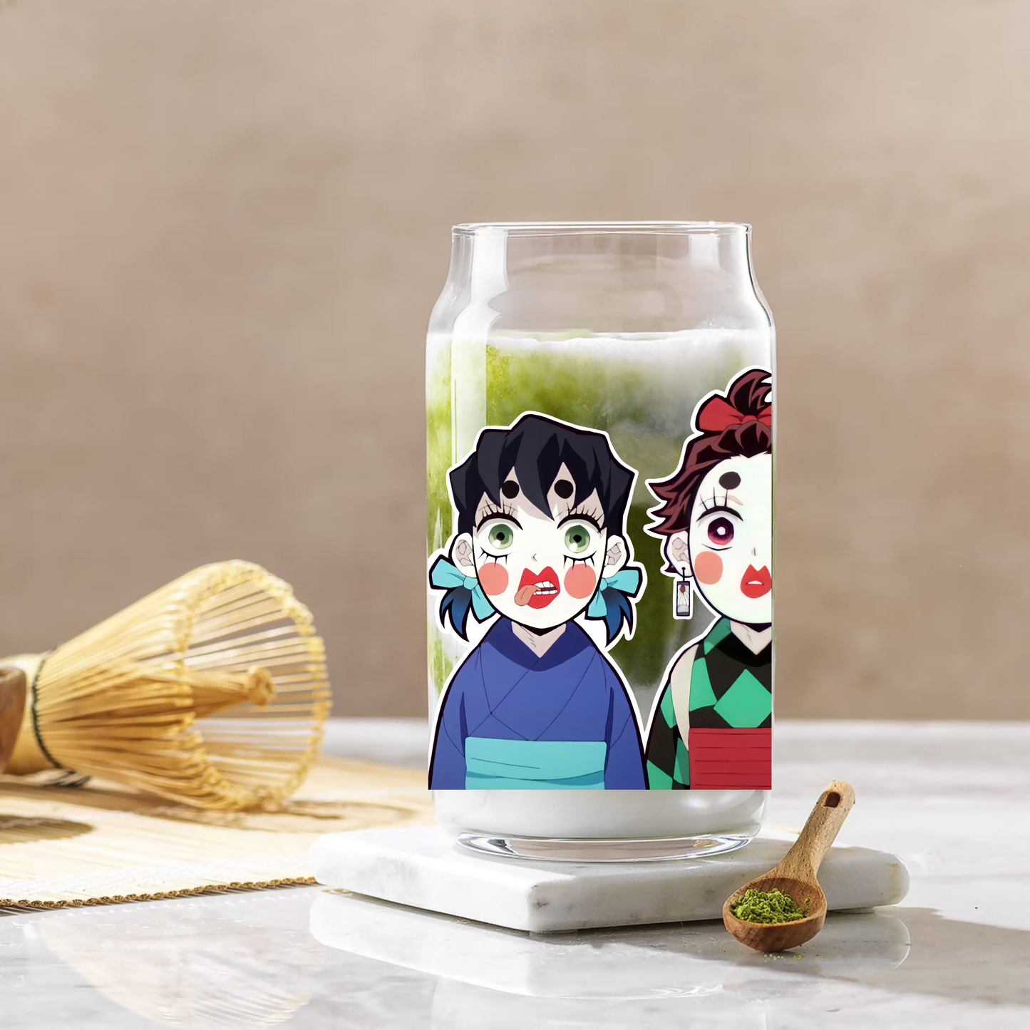 Demon Slayer Tanjiro, Zenitsu & InosukeAnime 16oz Beer Can Glass with Straw and Lid