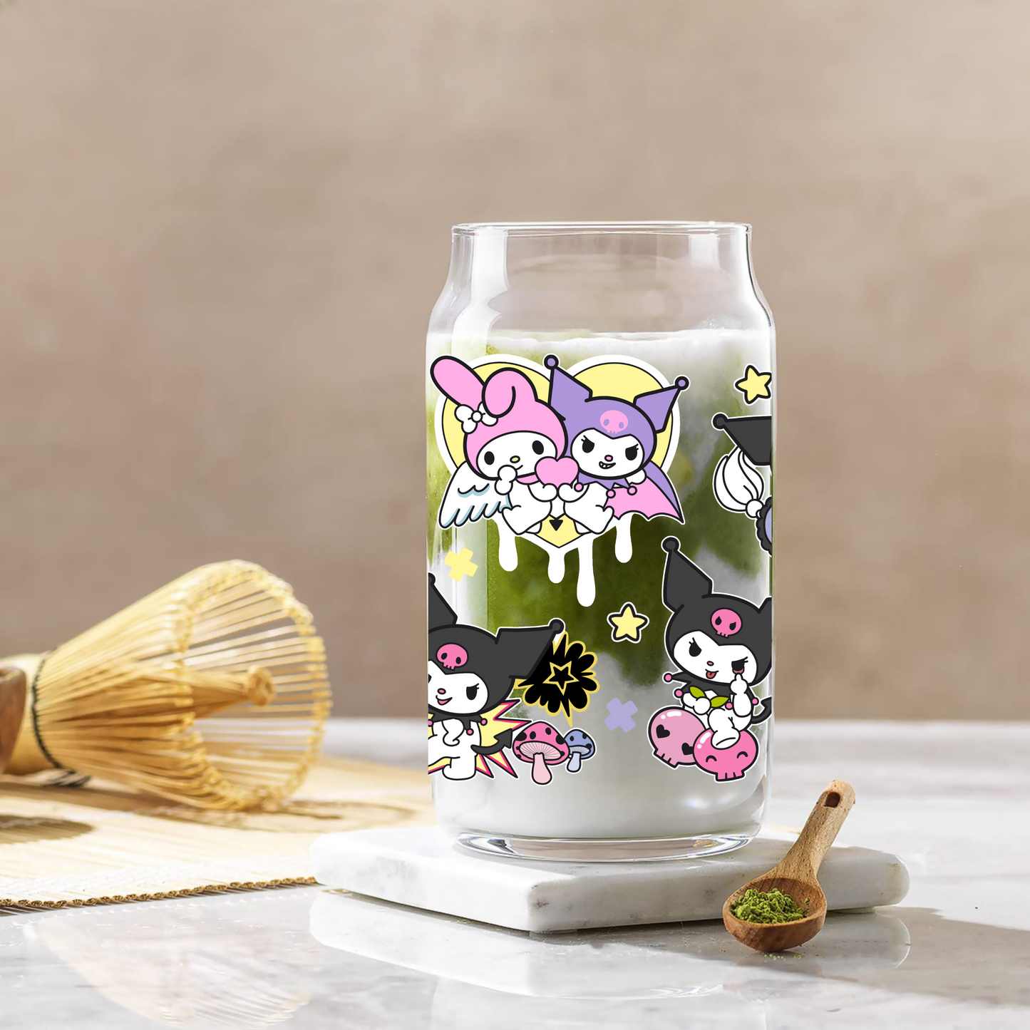 Kuromi & Melody love hearts Anime 16oz Beer Can Glass with Straw and Lid