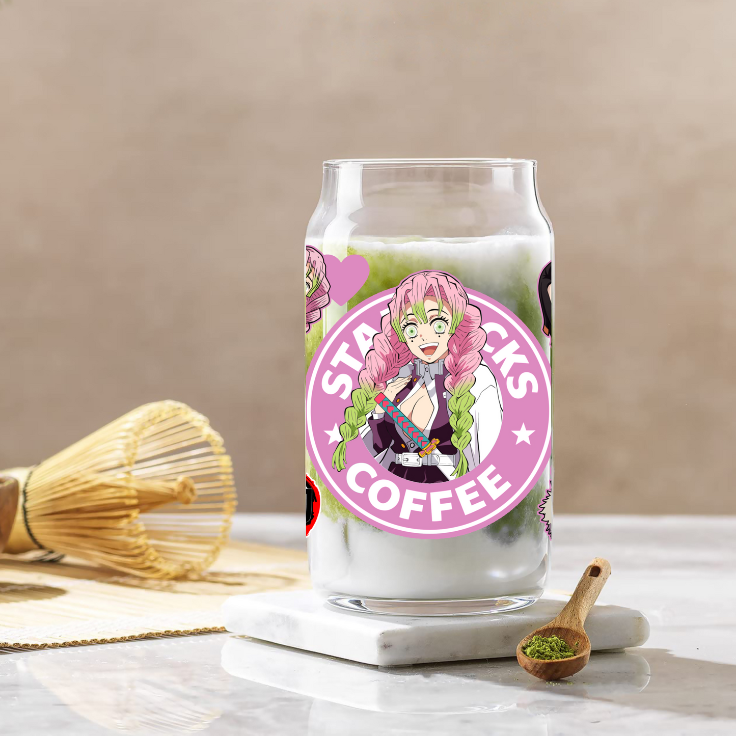 Demon Slayer- Mitsuri Kanroji Anime 16oz Beer Can Glass with Straw and Lid