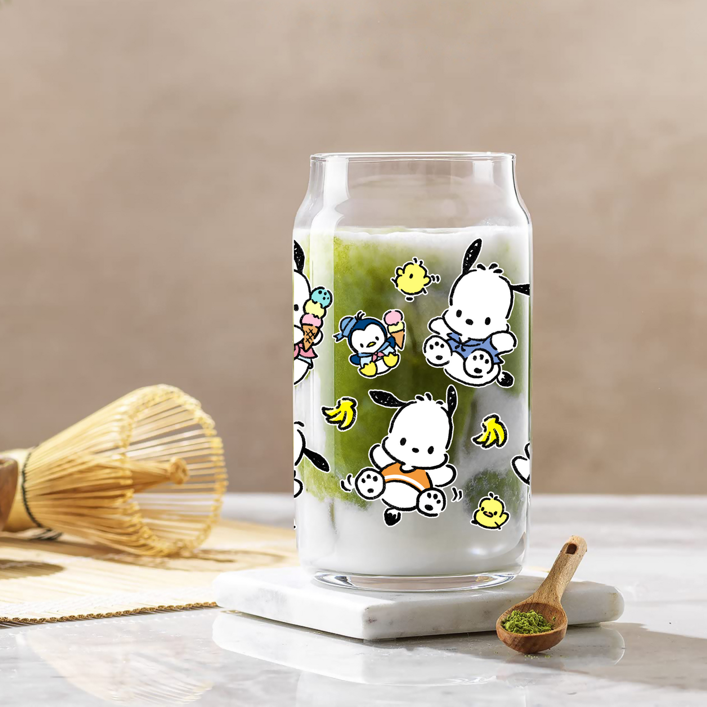 Pochacco Anime 16oz Beer Can Glass with Straw and Lid