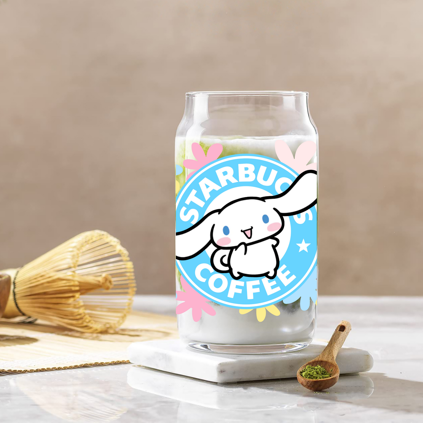 Cinnamoroll with Flowers Anime 16oz Beer Can Glass with Straw and Lid