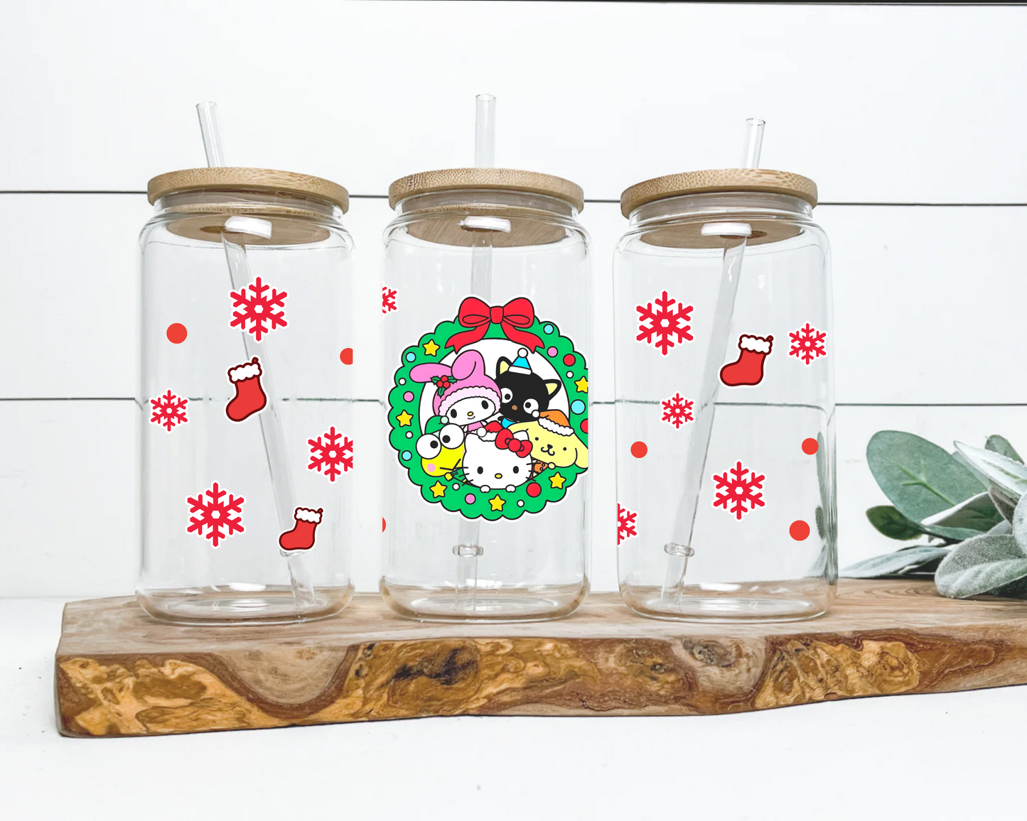 Sanrio family Christmas Anime 16oz Beer Can Glass with Straw and Lid