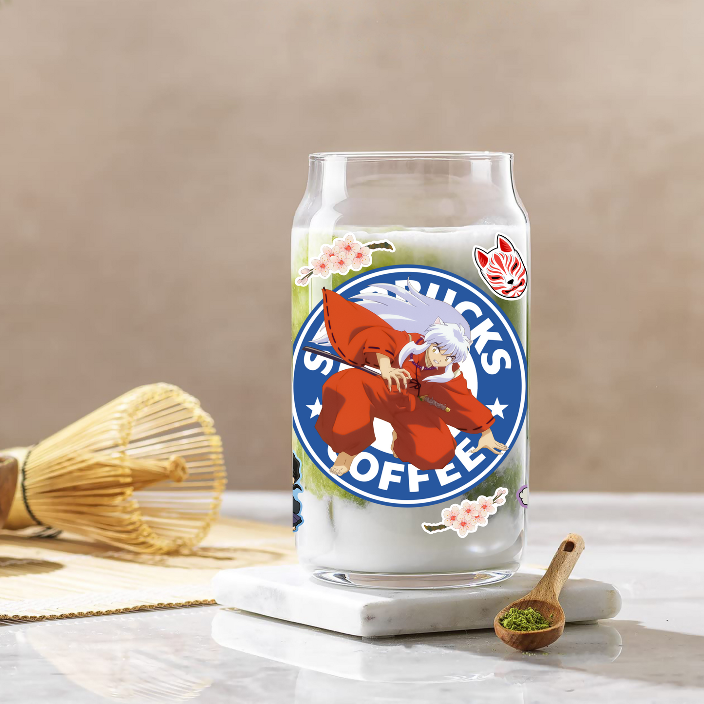 Inuyasha Starbucks Coffee Anime 16oz Beer Can Glass with Straw and Lid