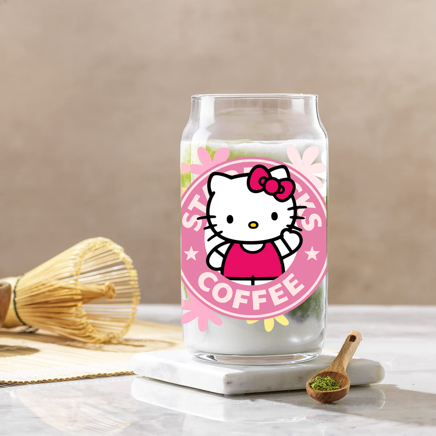 Hello Kitty and Flowers Anime 16oz Beer Can Glass with Straw and Lid
