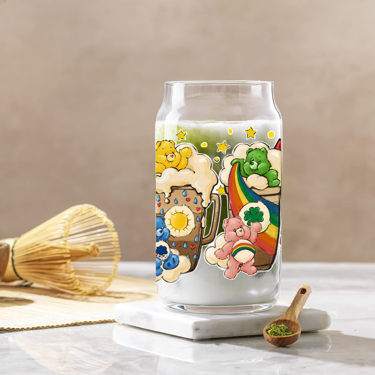 Care Bear Stars Coffee cup Anime 16oz Beer Can Glass with Straw and Lid