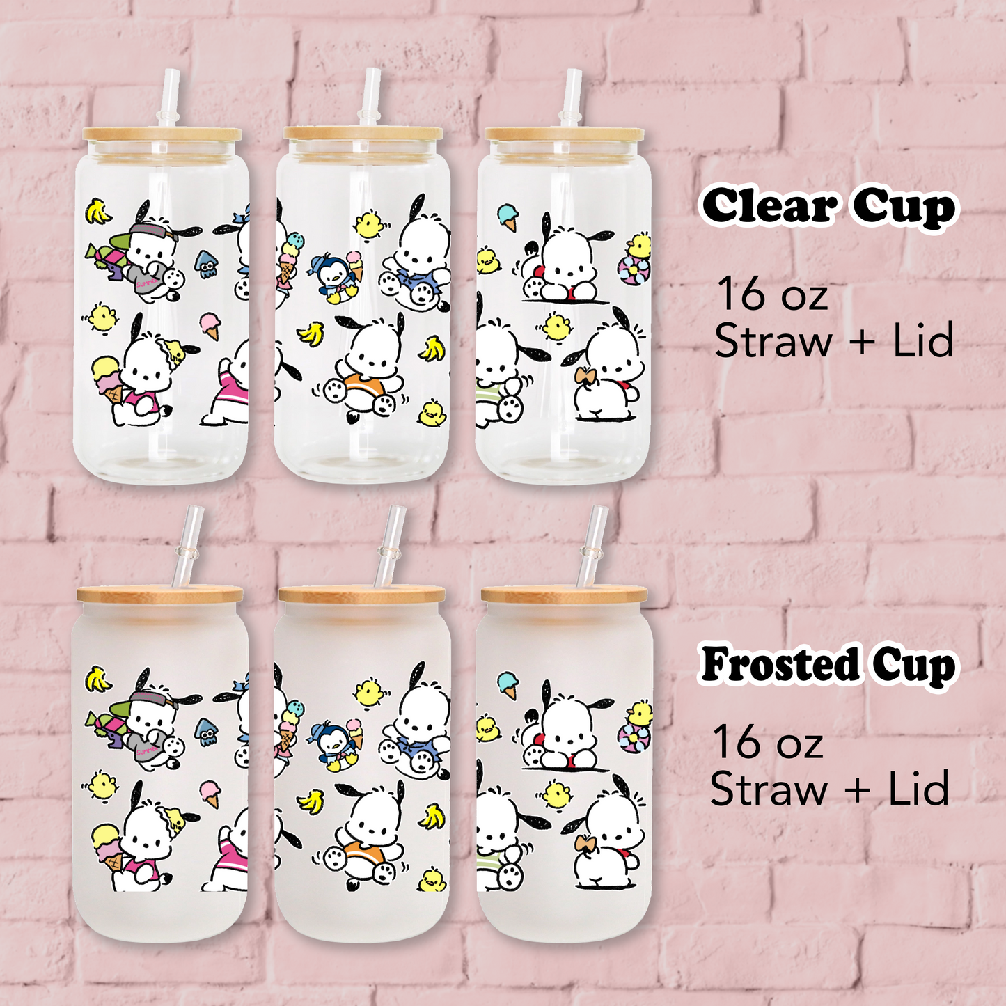 Pochacco Anime 16oz Beer Can Glass with Straw and Lid