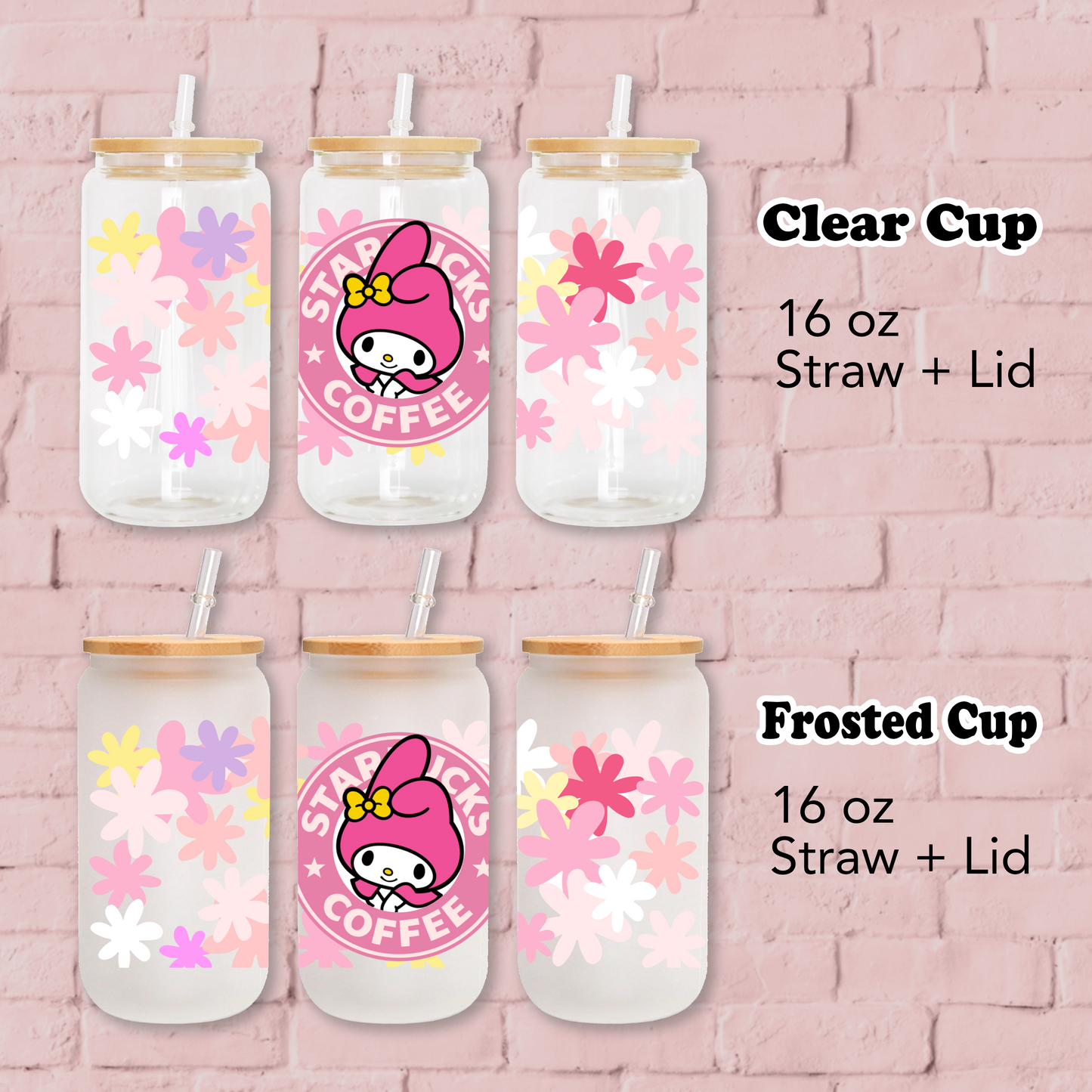 My Melody with Flowers Anime 16oz Beer Can Glass with Straw and Lid