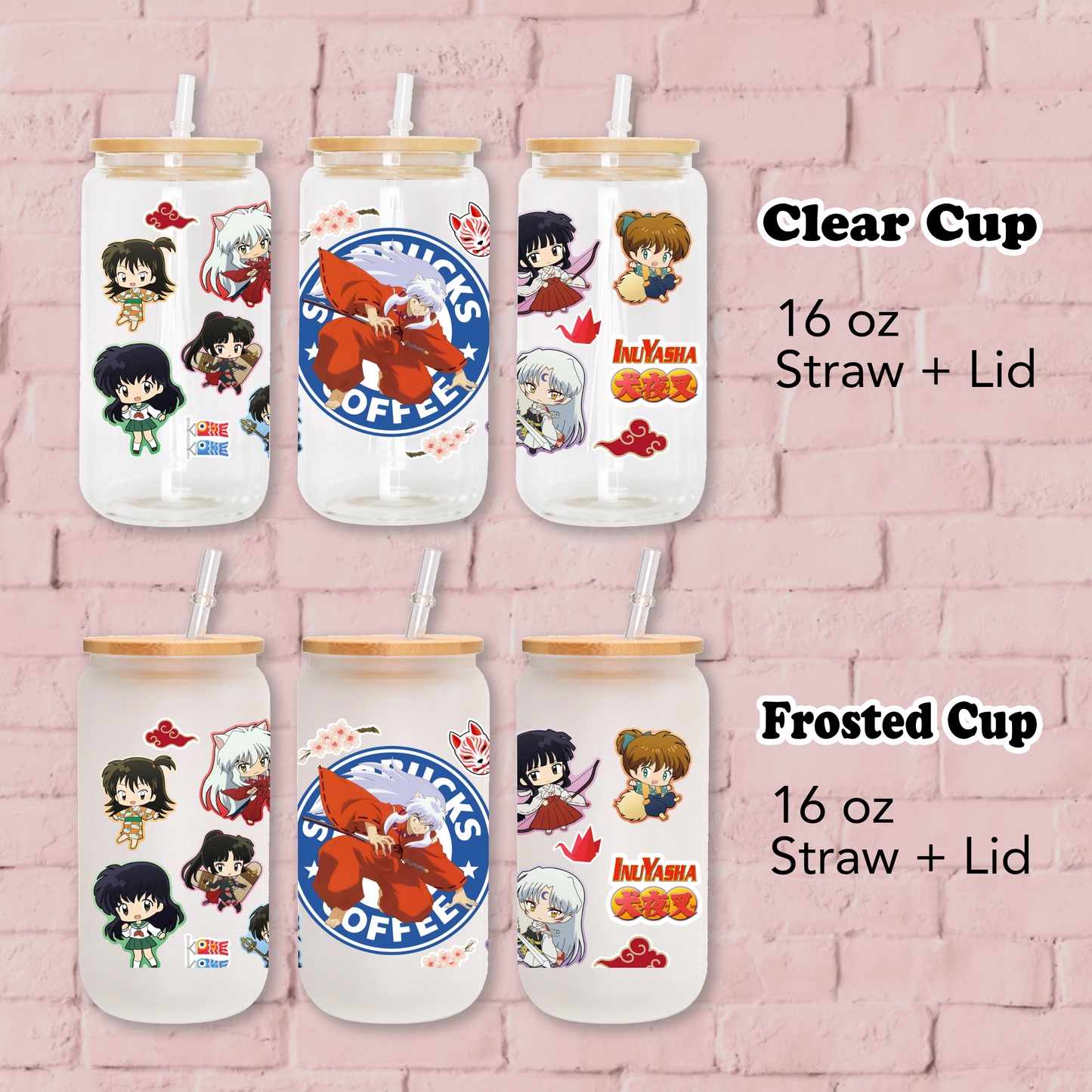 Inuyasha Starbucks Coffee Anime 16oz Beer Can Glass with Straw and Lid