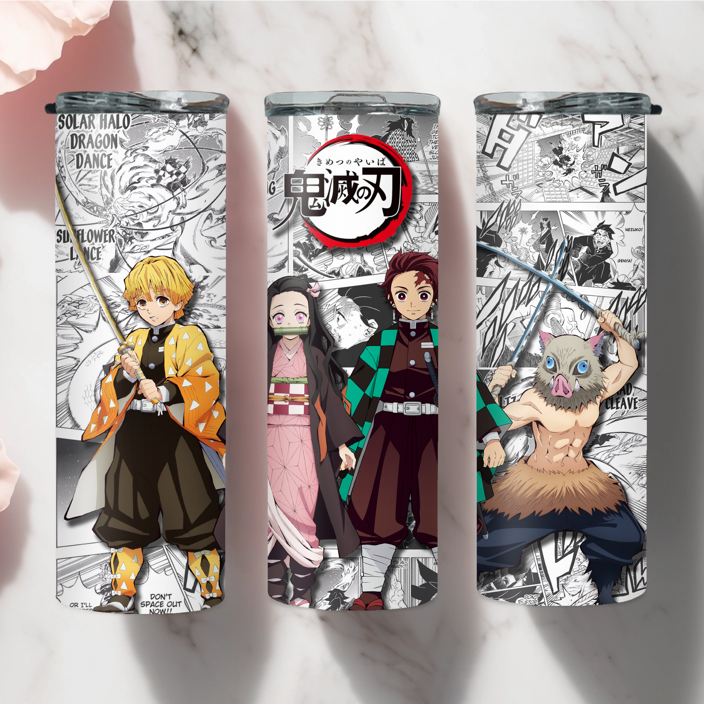 Demon Slayer Tanjiro, Nezuko, Zenitsu, Inosuke, Anime 20oz Tumbler with Straw and Lid