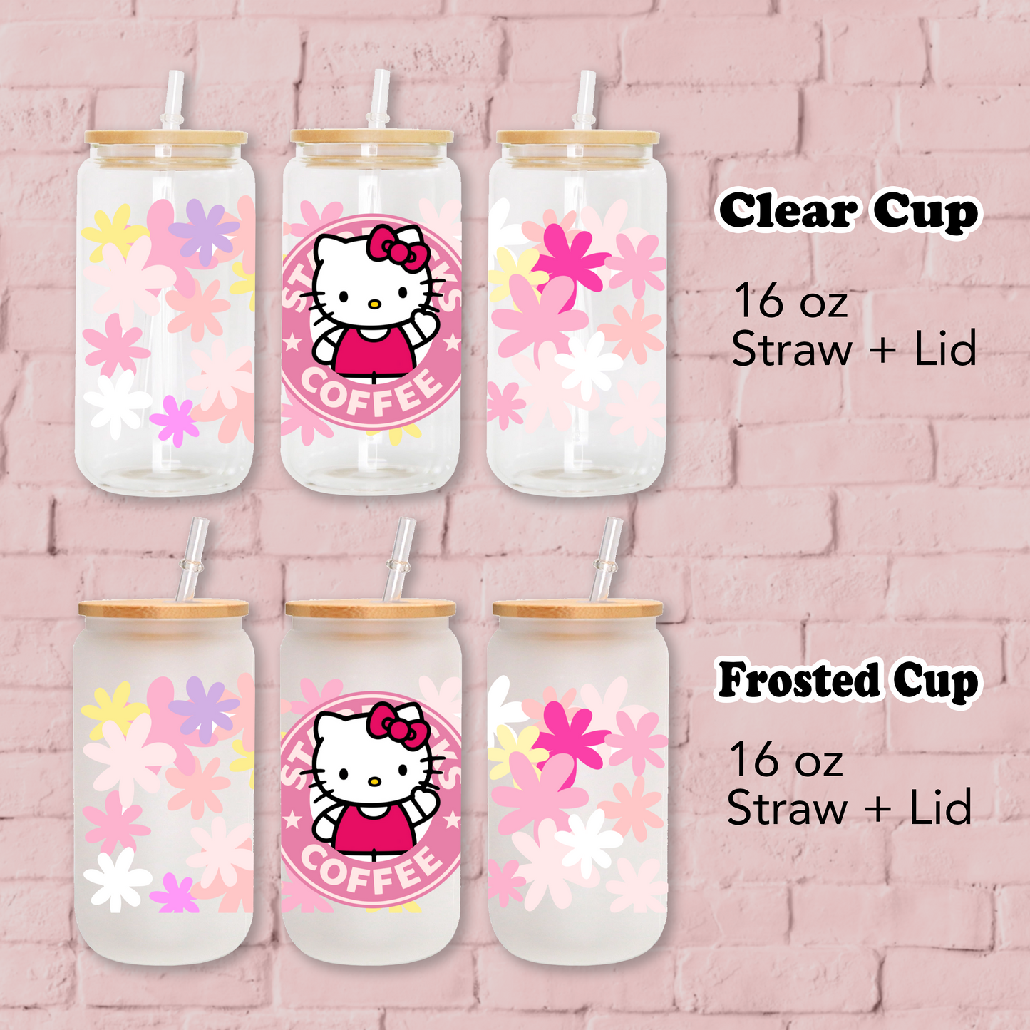 Hello Kitty and Flowers Anime 16oz Beer Can Glass with Straw and Lid