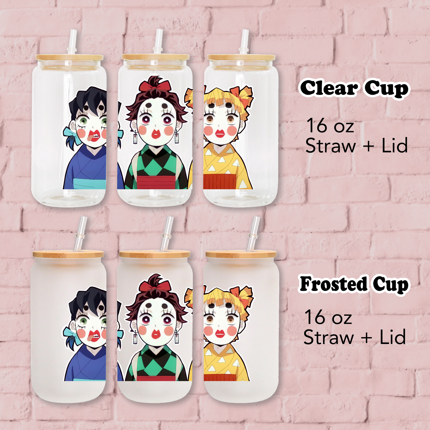 Demon Slayer Tanjiro, Zenitsu & InosukeAnime 16oz Beer Can Glass with Straw and Lid