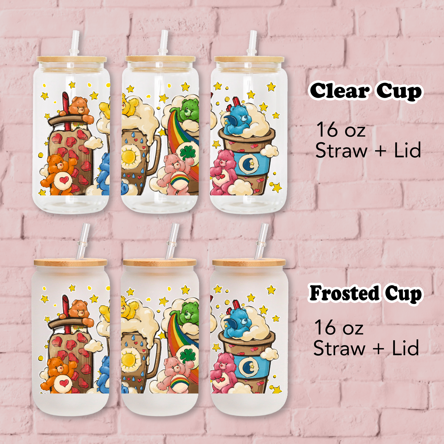 Care Bear Stars Coffee cup Anime 16oz Beer Can Glass with Straw and Lid