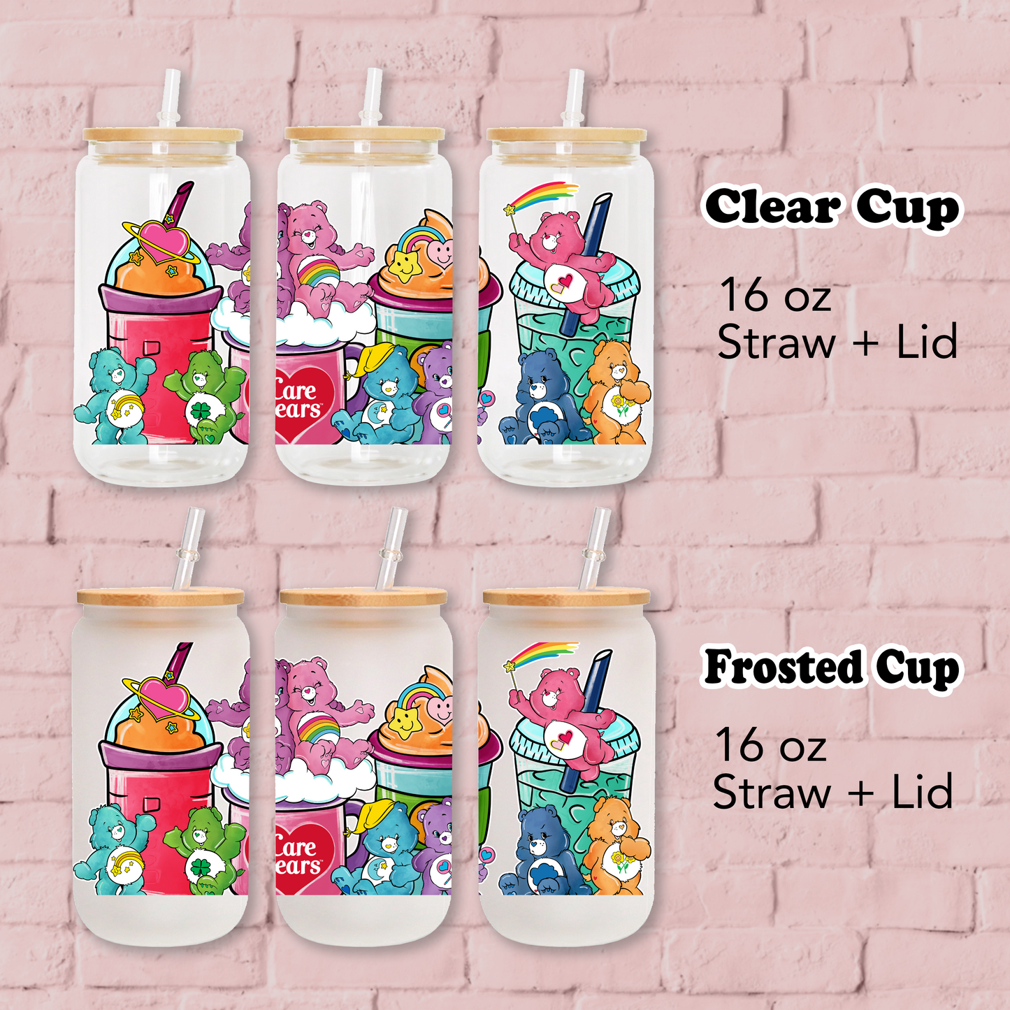Care Bear Rainbow Coffee cup Anime 16oz Beer Can Glass with Straw and Lid
