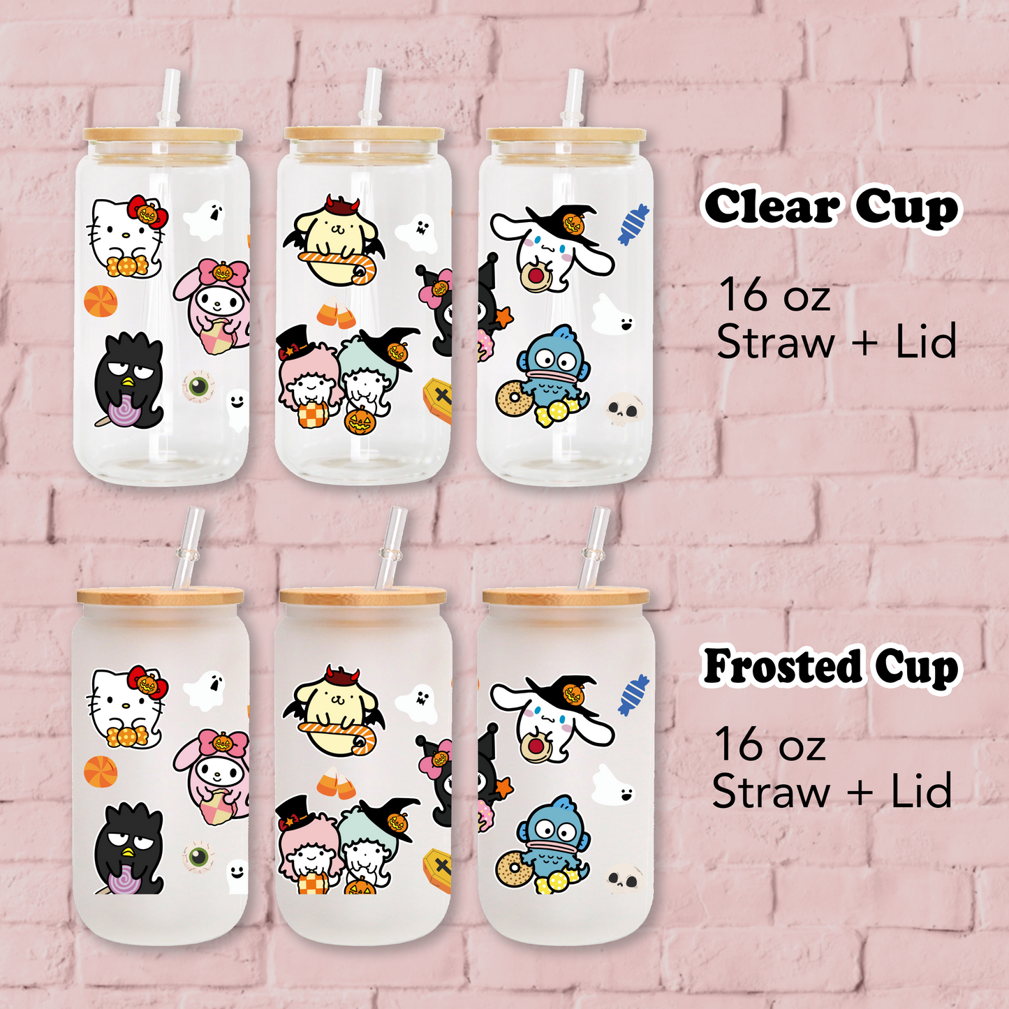Sanrio-Halloween Sanrio family Anime 16oz Beer Can Glass with Straw and Lid