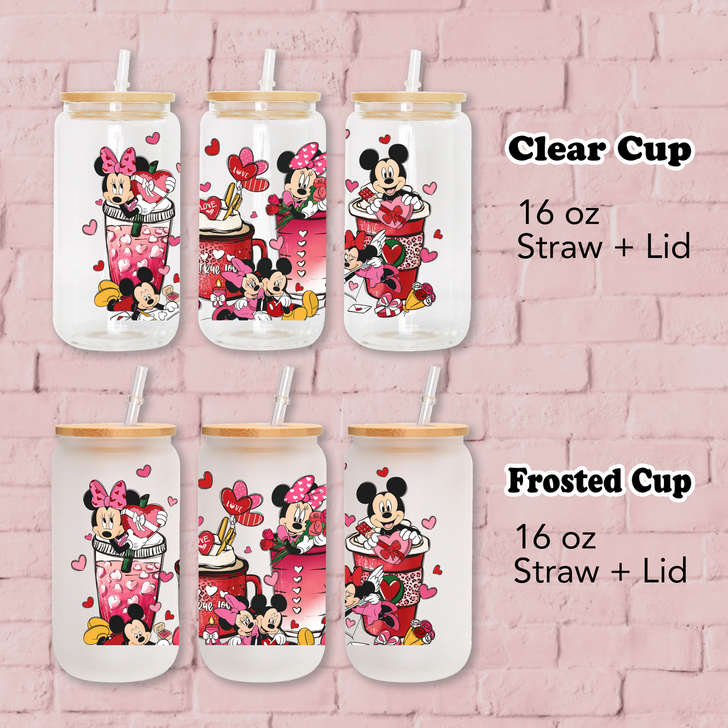 Disney Mickey and Minnie mouse Anime 16oz Beer Can Glass with Straw and Lid