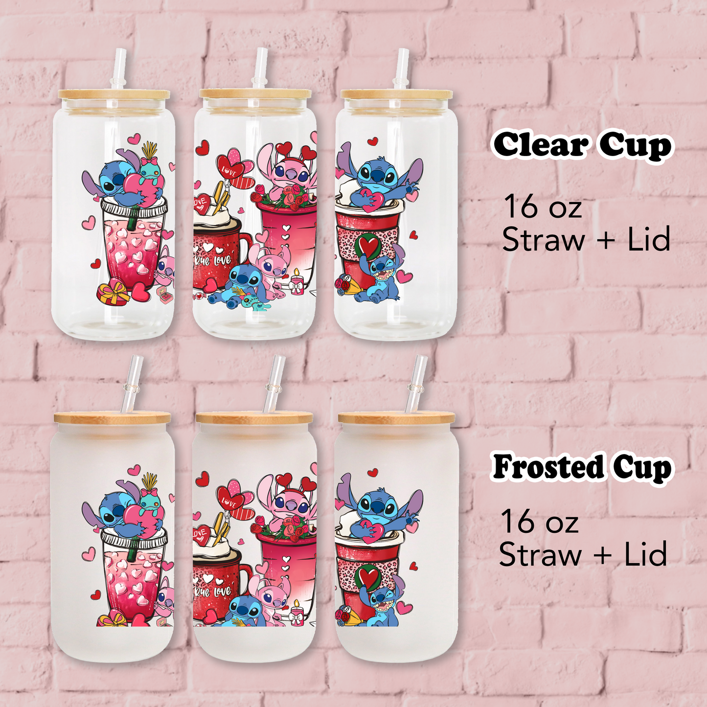 Disney Stitch Love Coffee Cup Anime 16oz Beer Can Glass with Straw and Lid