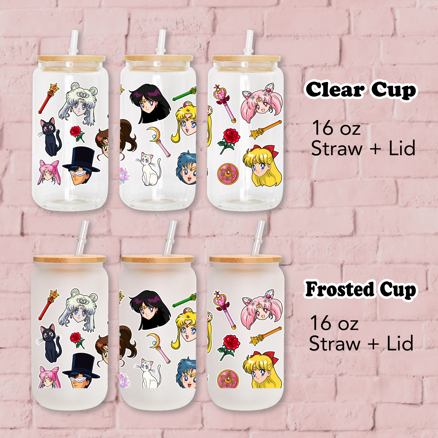 Sailor Moon Anime 16oz Beer Can Glass with Straw and Lid