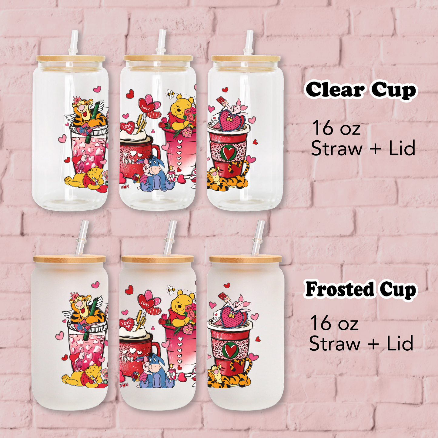 Disney Winnie The Pooh love cup Anime 16oz Beer Can Glass with Straw and Lid