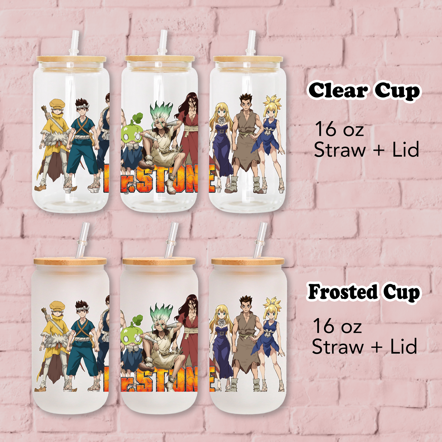 Dr. Stone Anime 16oz Beer Can Glass with Straw and Lid