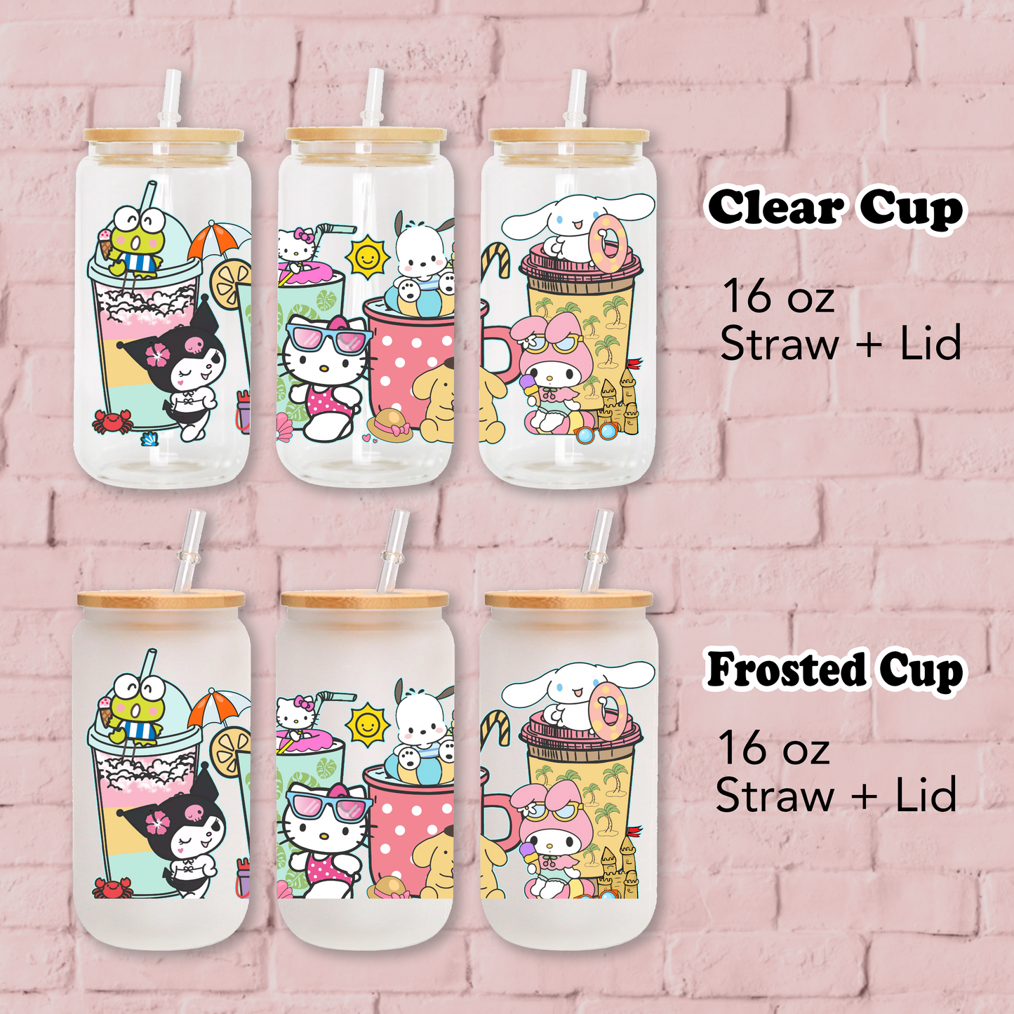 Sanrio Summer Time Anime 16oz Beer Can Glass with Straw and Lid