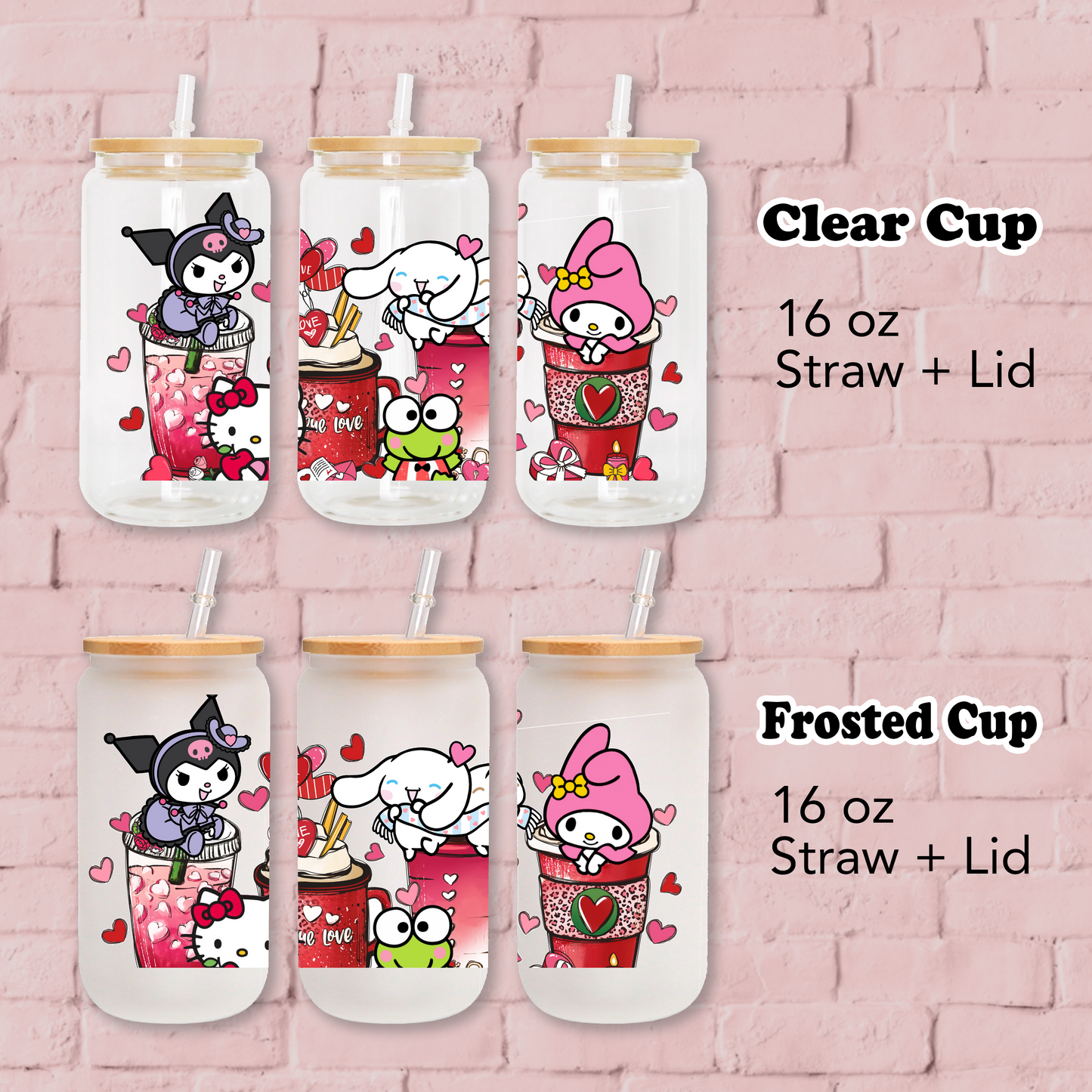 Sanrio Love coffee cup Anime 16oz Beer Can Glass with Straw and Lid