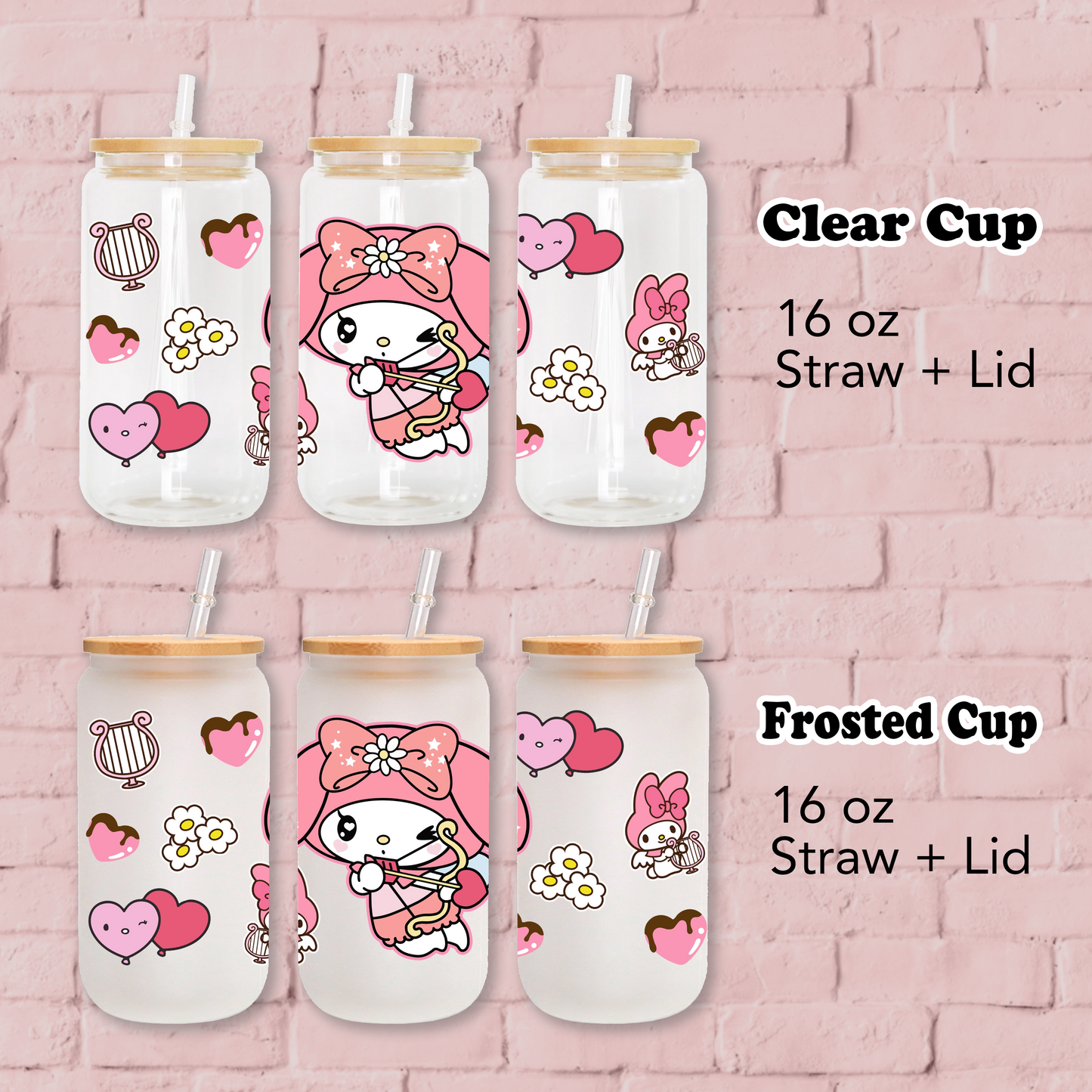 My melody love cupid Anime 16oz Beer Can Glass with Straw and Lid