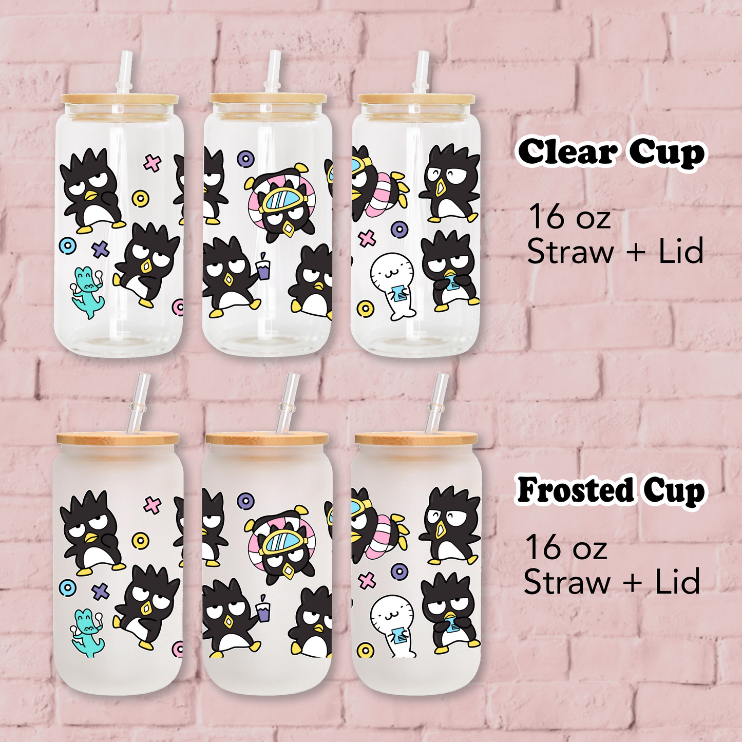 Badtz-Maru Anime 16oz Beer Can Glass with Straw and Lid