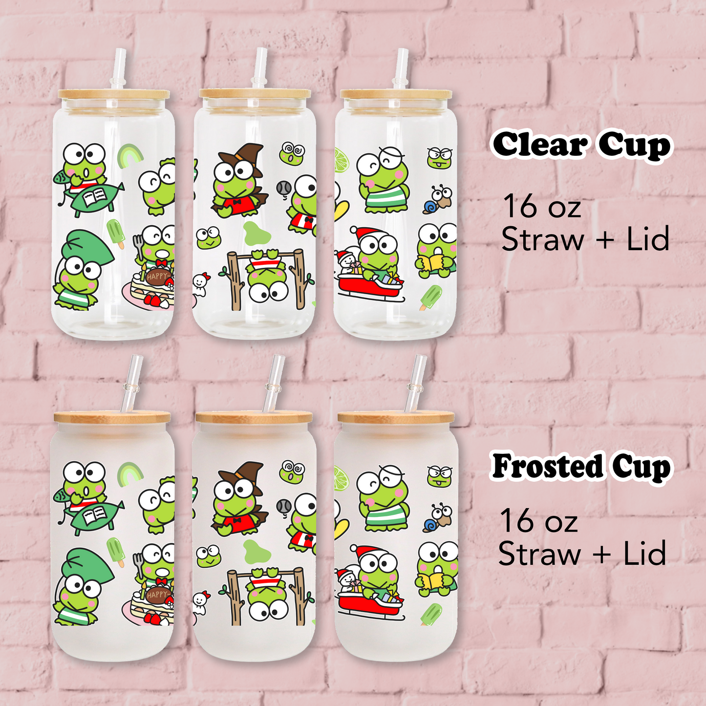 Keroppi Anime 16oz Beer Can Glass with Straw and Lid