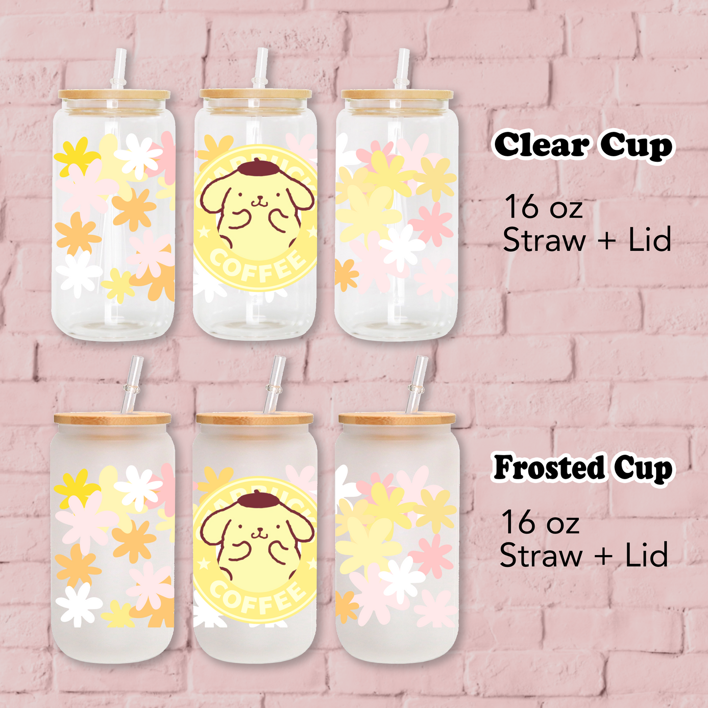 Pompompurin with flowers Anime 16oz Beer Can Glass with Straw and Lid
