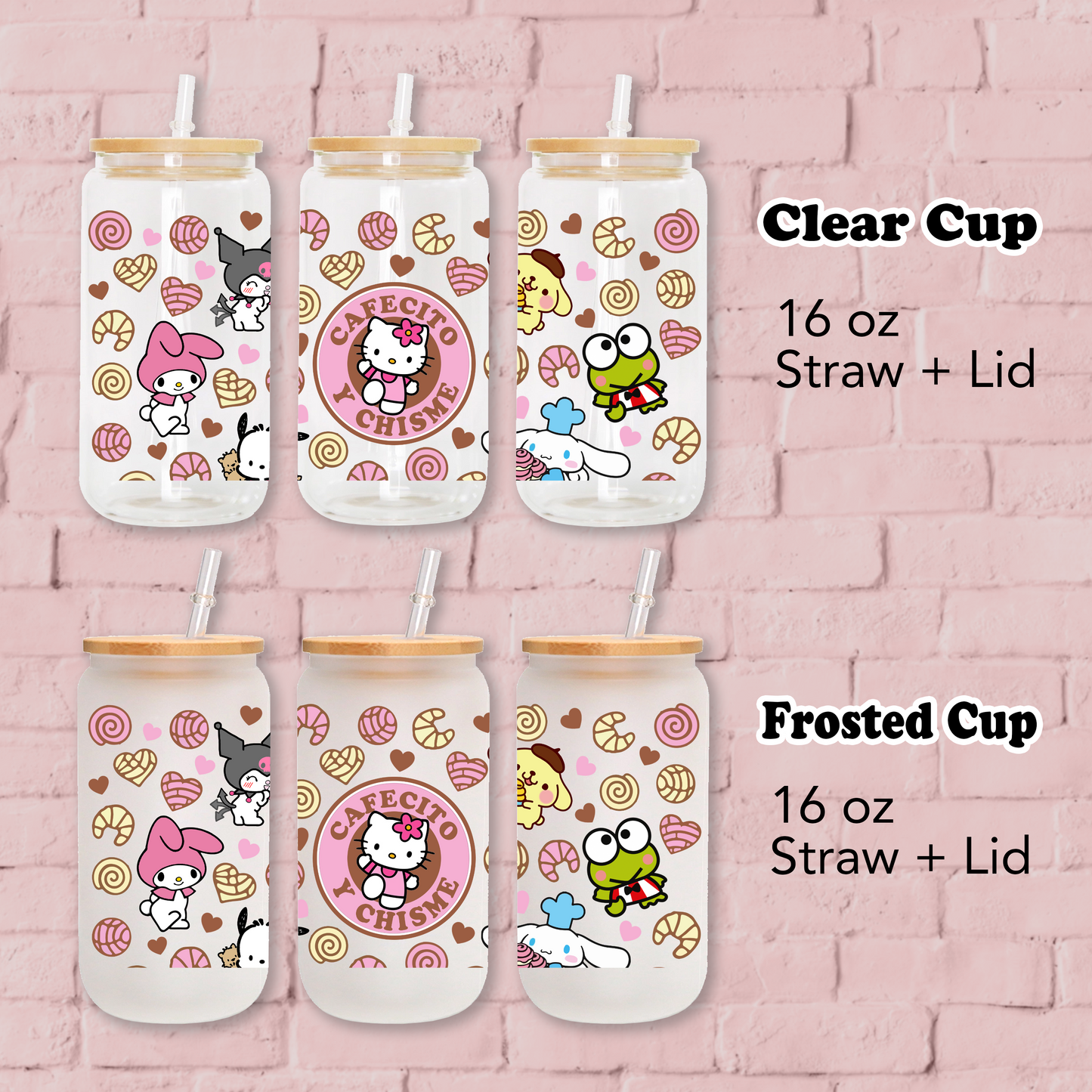 Hello Kitty Cafecito cup Anime 16oz Beer Can Glass with Straw and Lid