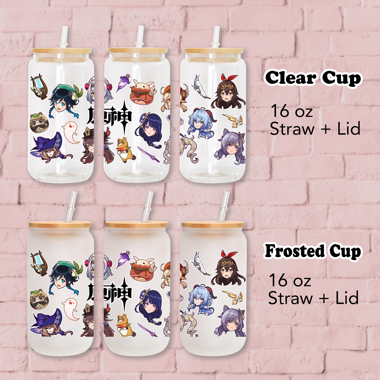 Genshin Impact Anime 16oz Beer Can Glass with Straw and Lid