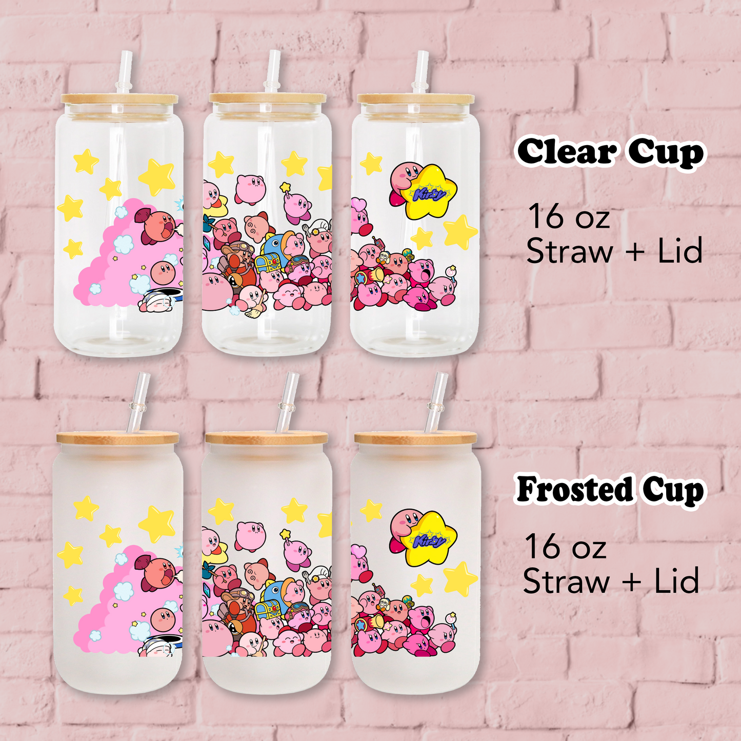 Kirby with Stars Anime 16oz Beer Can Glass with Straw and Lid