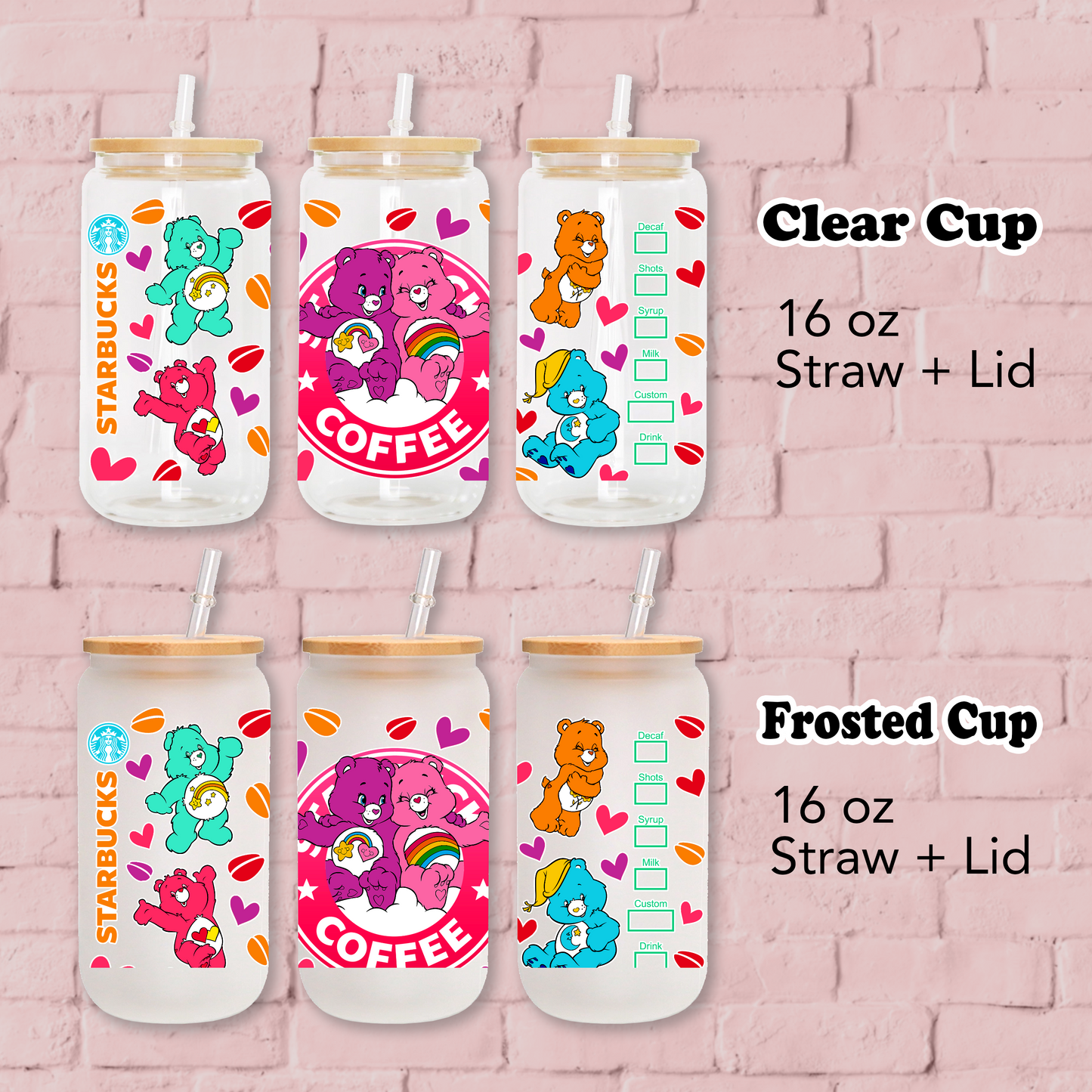 Care Bear Starbucks Coffee Anime 16oz Beer Can Glass with Straw and Lid