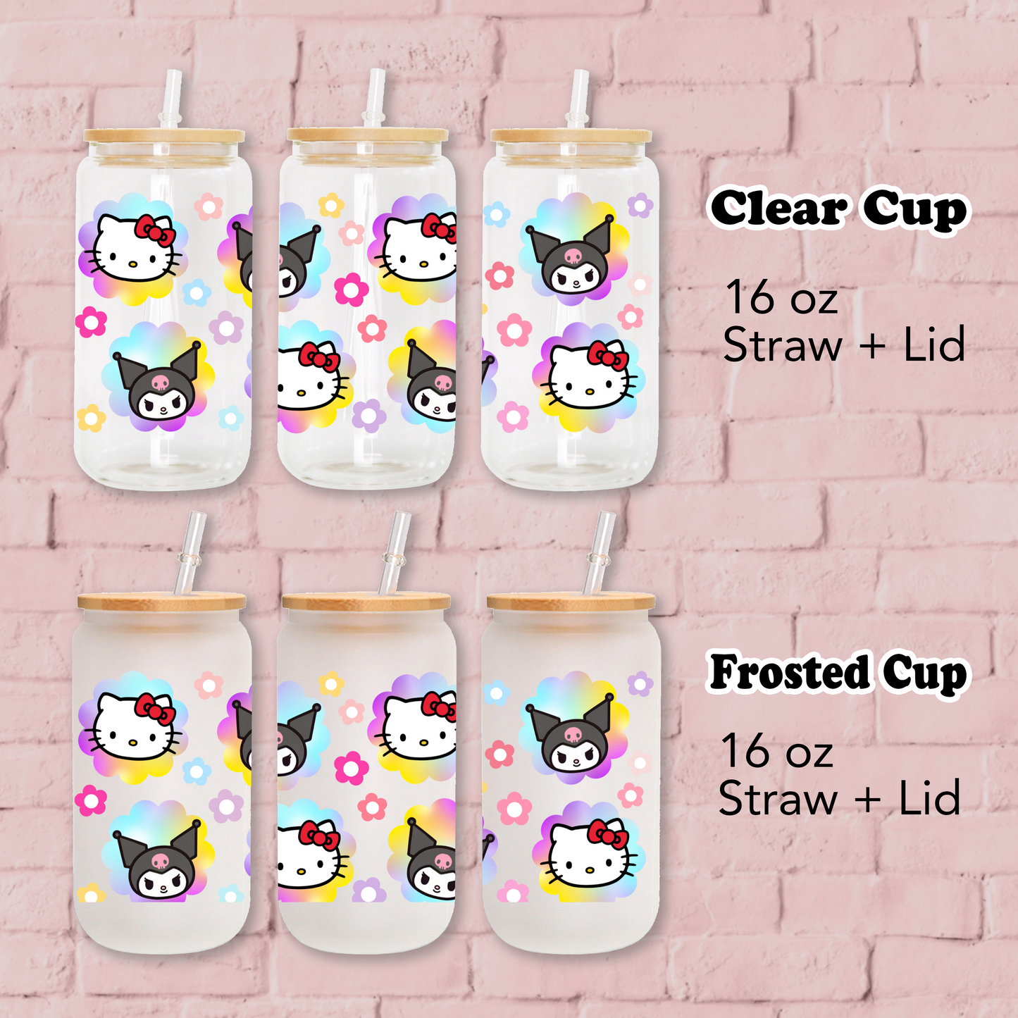 Hello Kitty & Kuromi Rainbow Flower Anime 16oz Beer Can Glass with Straw and Lid