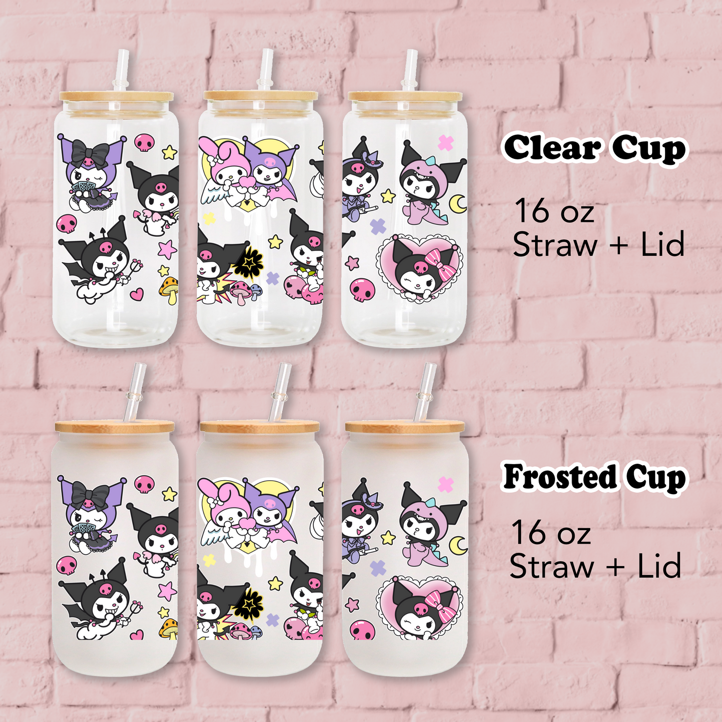 Kuromi & Melody love hearts Anime 16oz Beer Can Glass with Straw and Lid