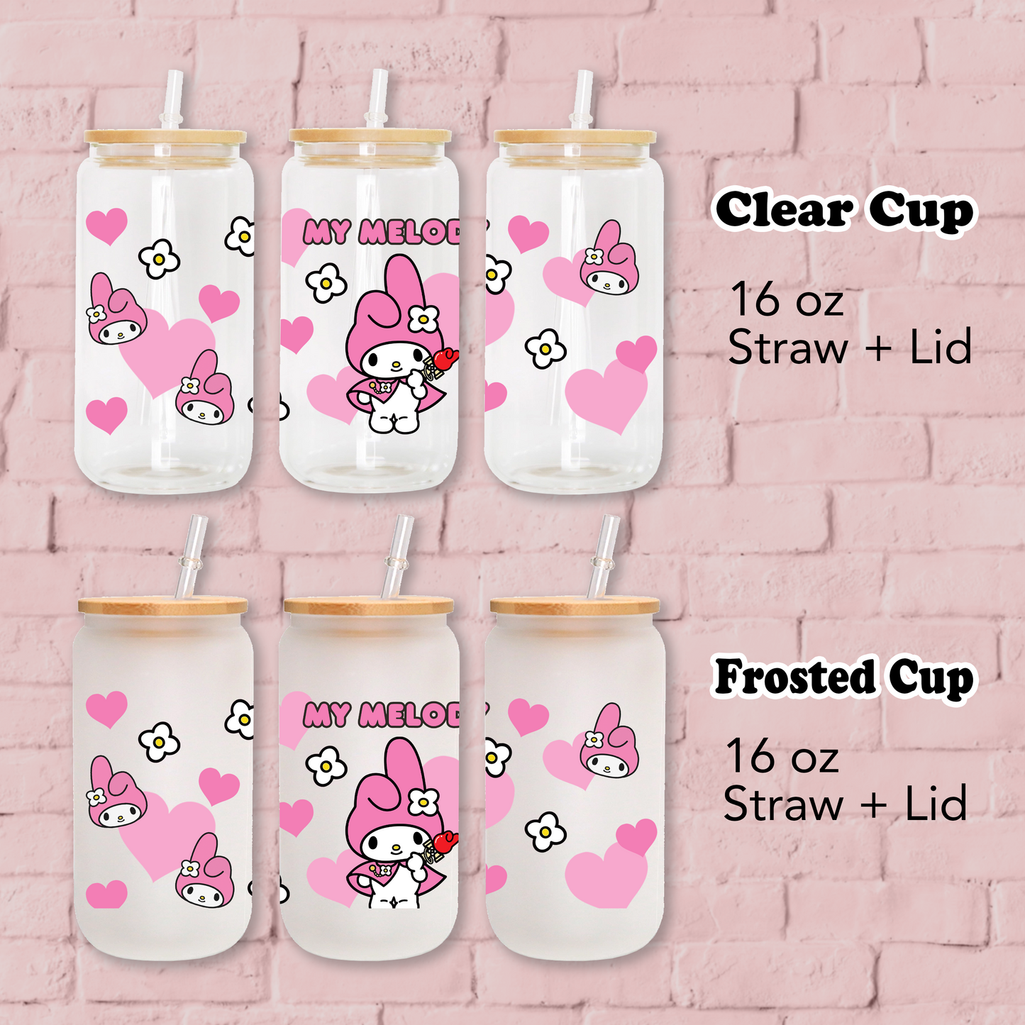 My Melody with Hearts Anime 16oz Beer Can Glass with Straw and Lid