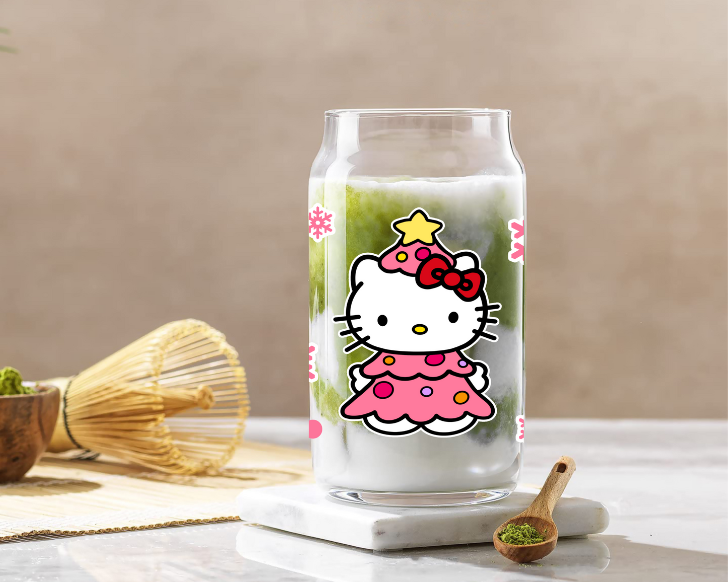 Sanrio Hello kitty Christmas Pink Tree Anime 16oz Beer Can Glass with Straw and Lid