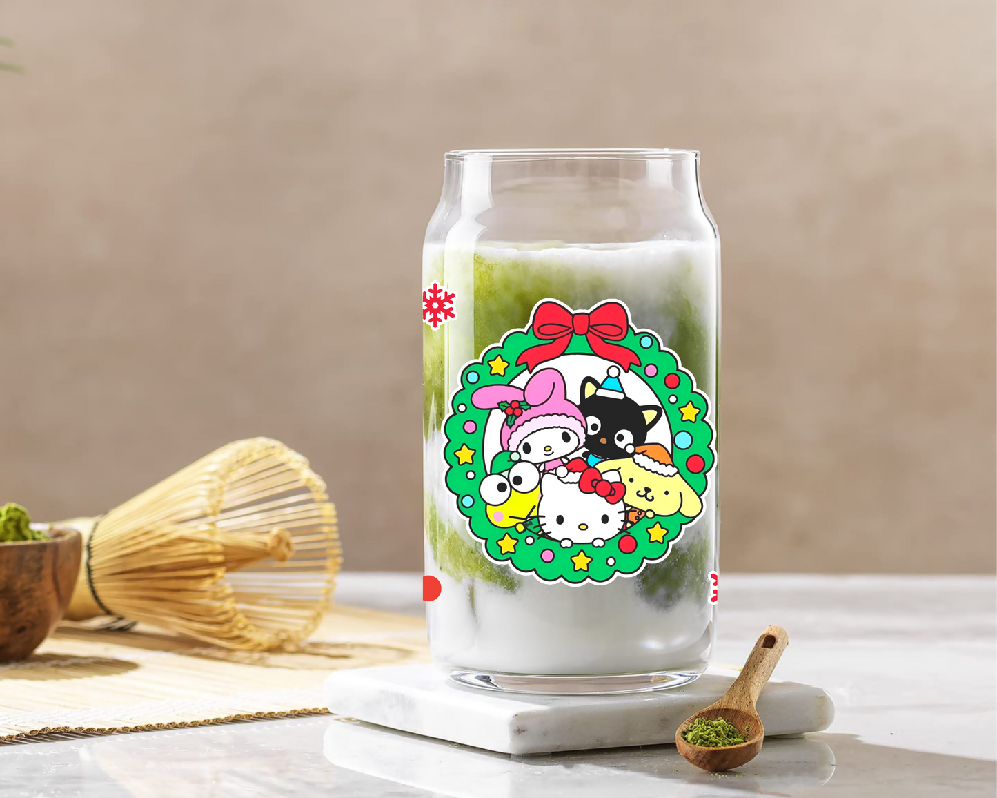 Sanrio family Christmas Anime 16oz Beer Can Glass with Straw and Lid