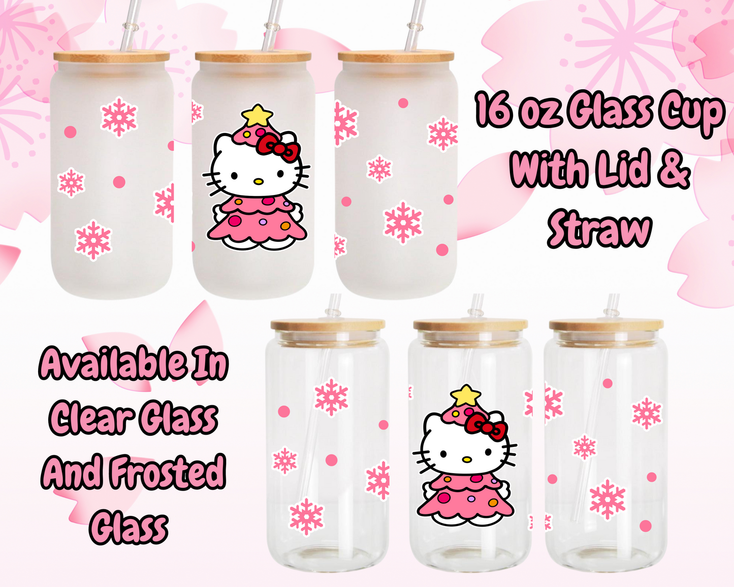 Sanrio Hello kitty Christmas Pink Tree Anime 16oz Beer Can Glass with Straw and Lid