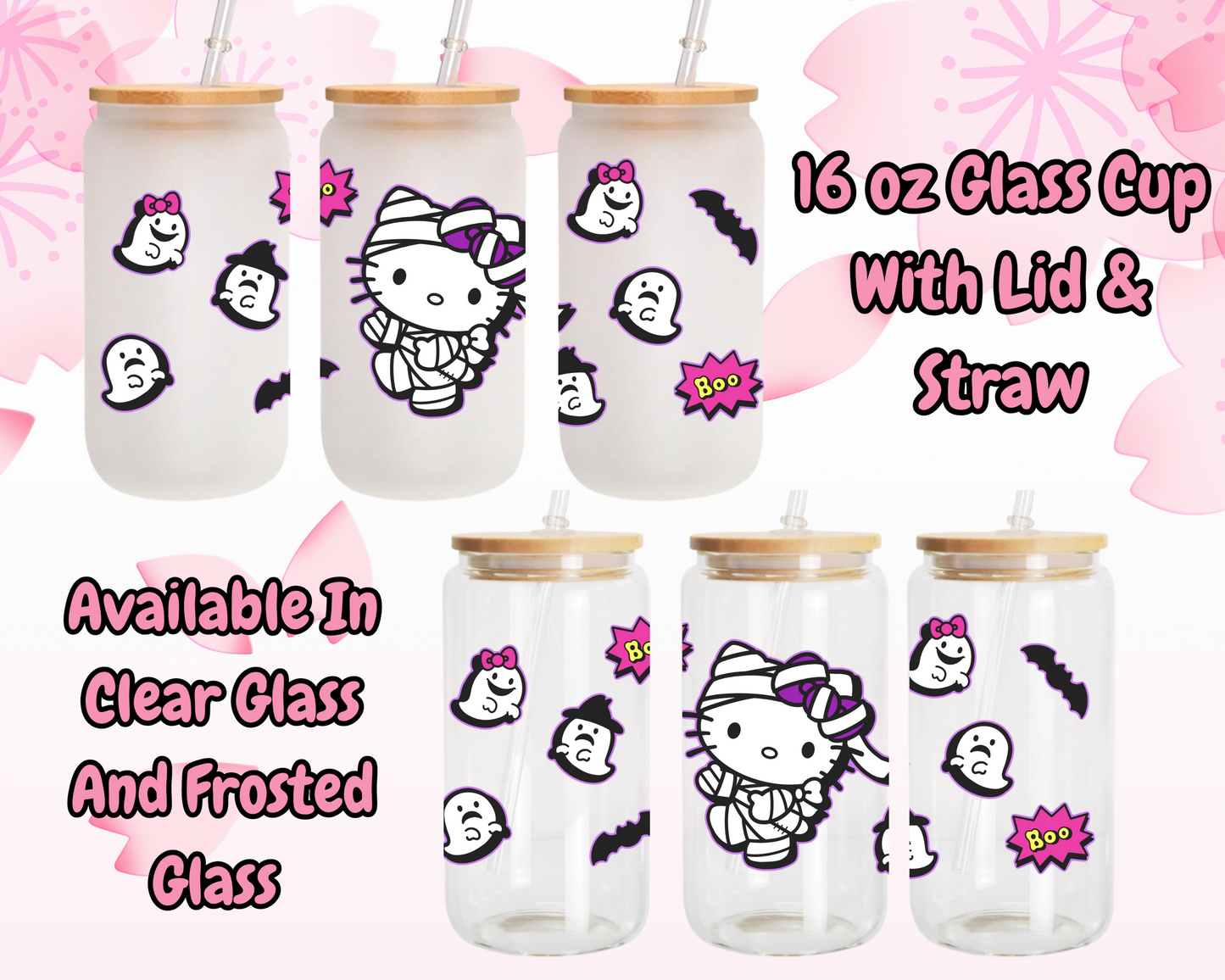 Sanrio-Halloween Hello Kitty Anime 16oz Beer Can Glass with Straw and Lid