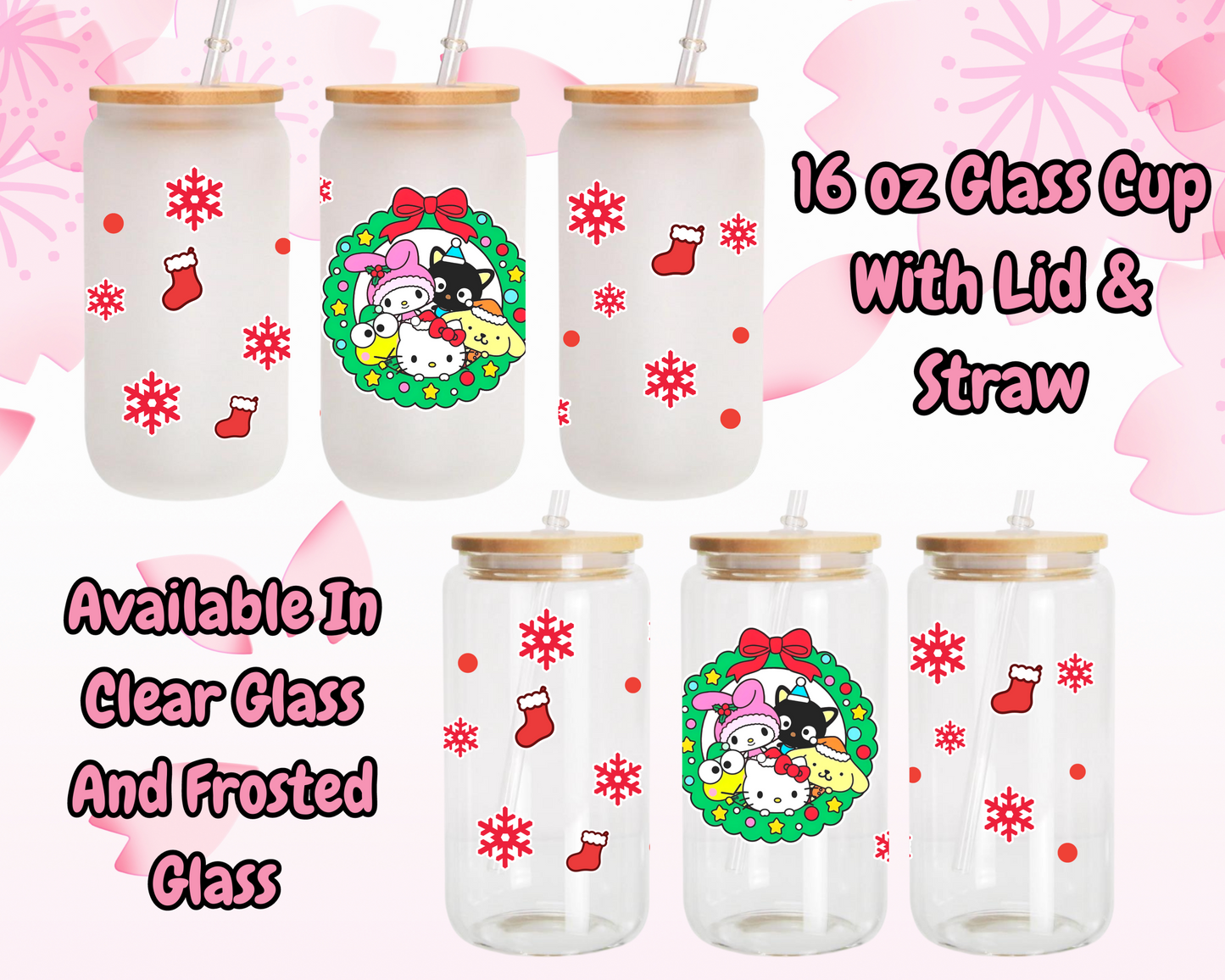 Sanrio family Christmas Anime 16oz Beer Can Glass with Straw and Lid