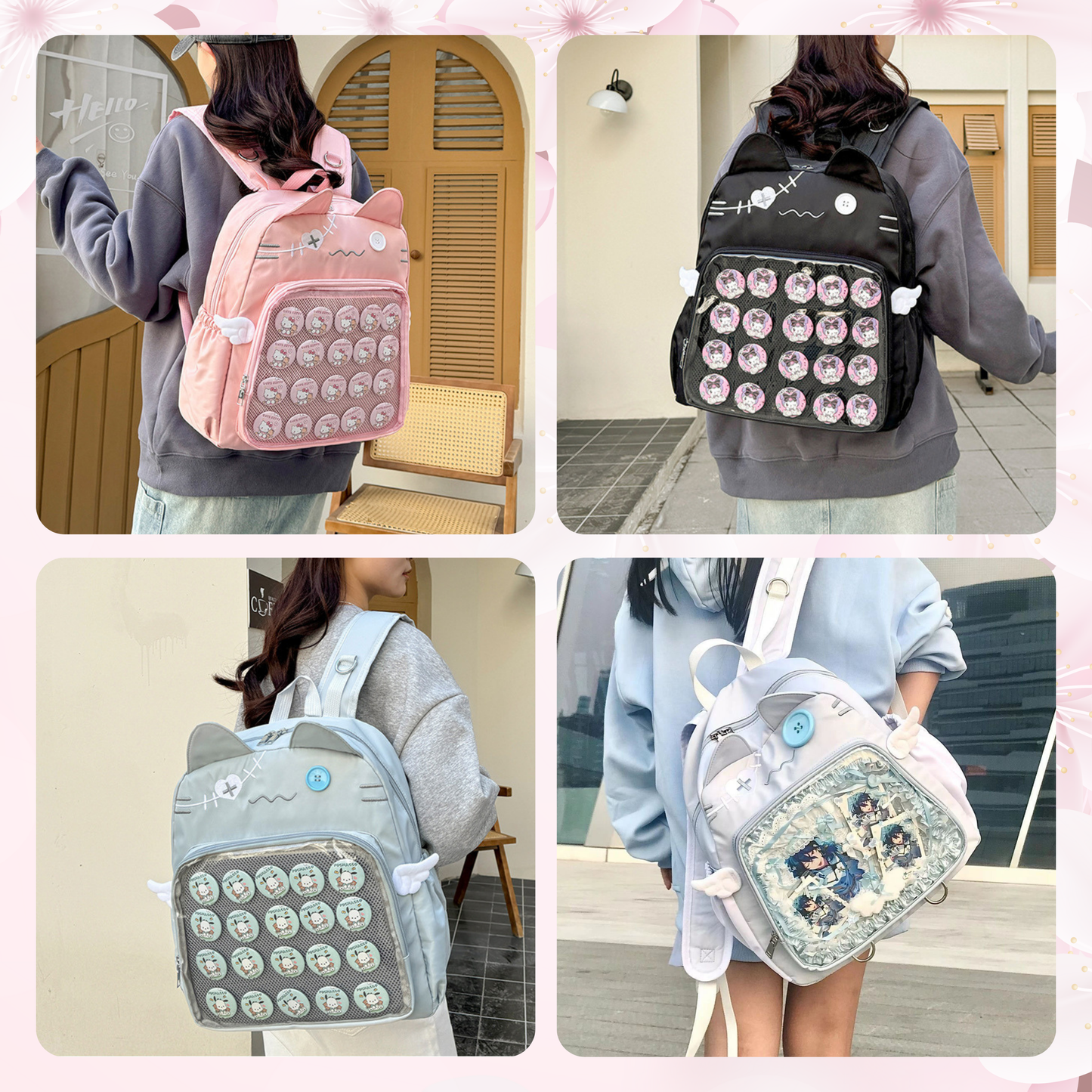 CatFace ita backpack, Kawaii ITA backpack, pin display bag, clear window ita bag, anime convention bag, kawaii ita bag, enamel pin bag