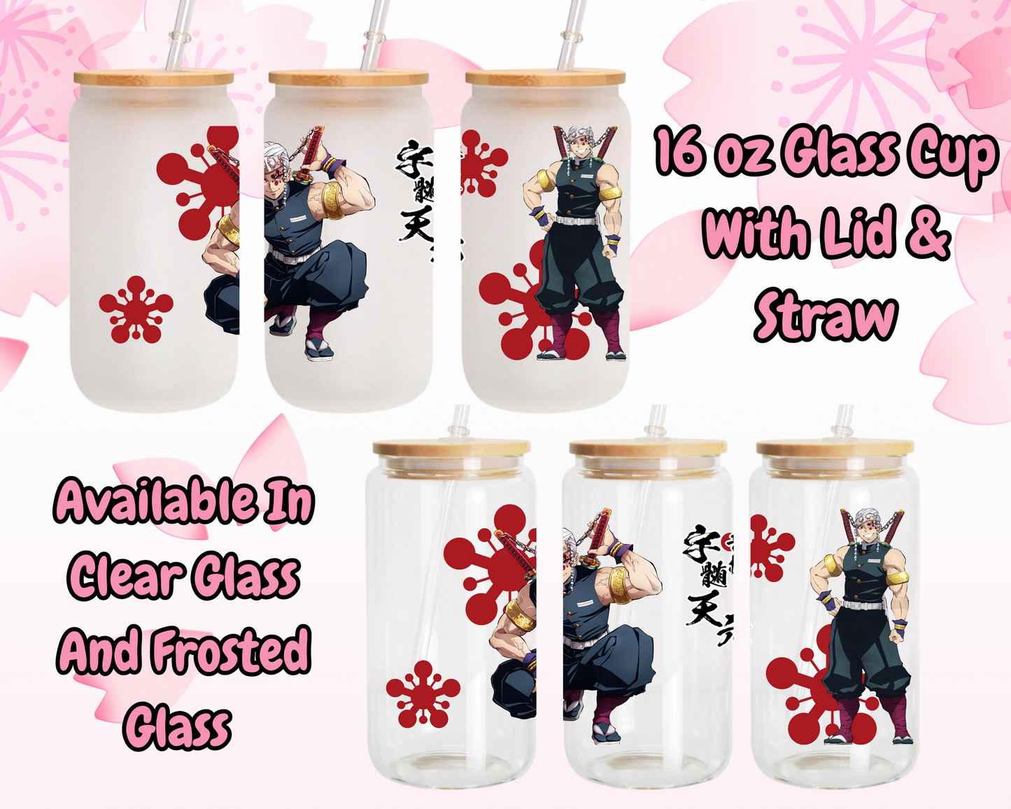 Demon Slayer-Tengen Uzui Anime 16oz Beer Can Glass with Straw and Lid