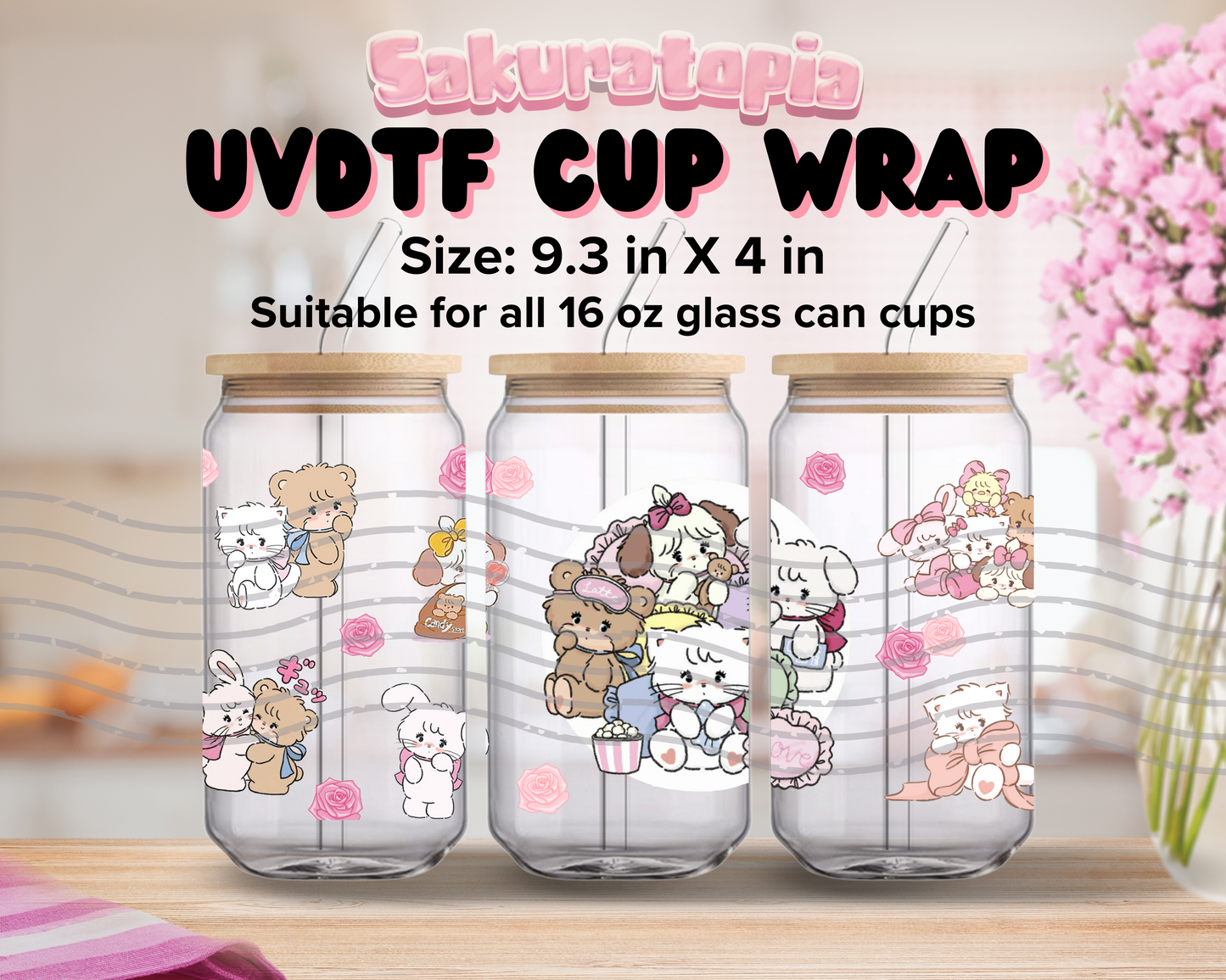 UVDTF Mikko Anime Cup Wrap, Ready to Use Glass Cup UVDTF transfers for Glass Can | Ready to Apply UVDTF wraps for Libbey Glass