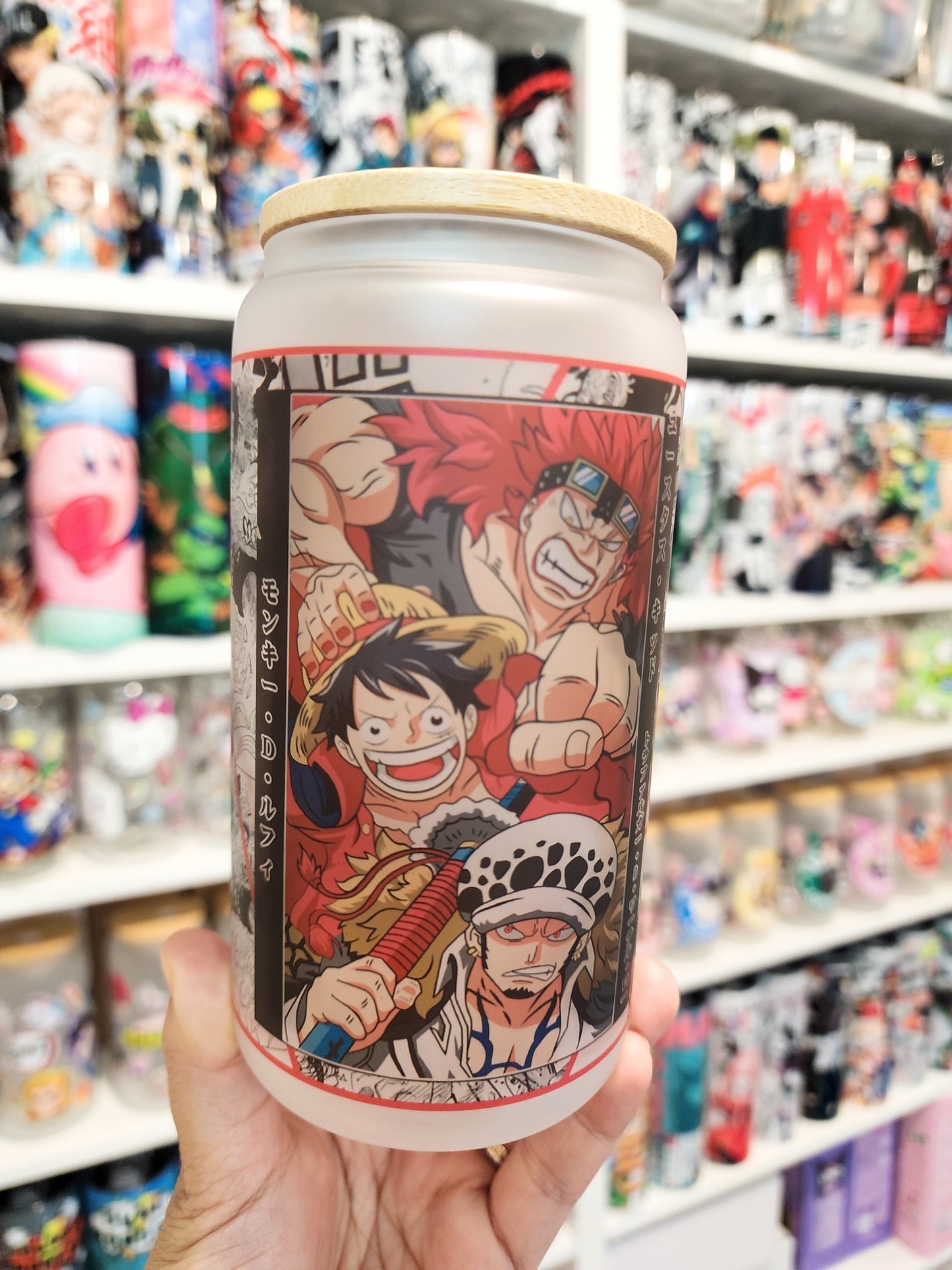 One Piece Anime Matte/ Frosted Glass cup 16oz Beer Can Glass with Straw and Lid